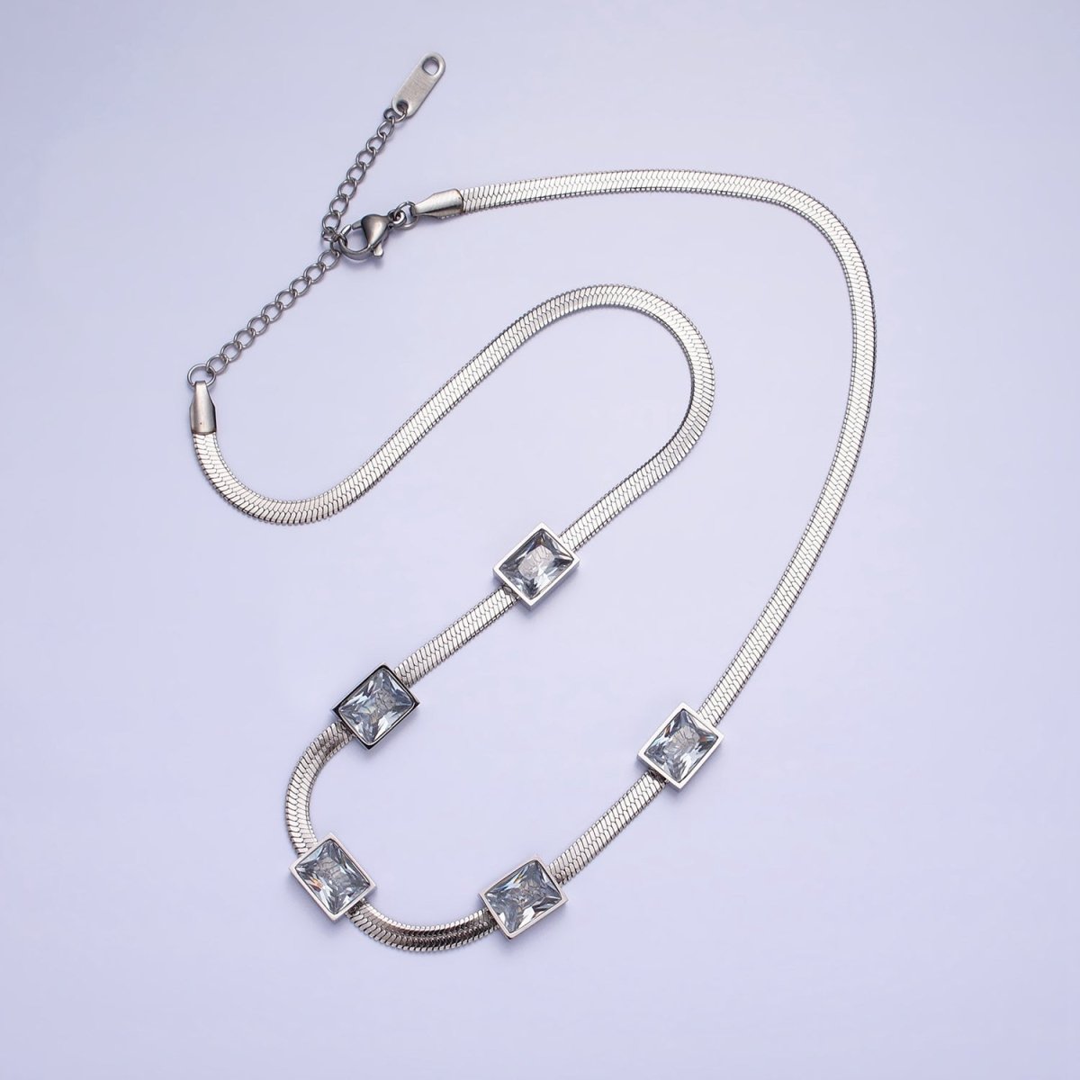 Stainless Steel Clear Baguette CZ 3mm Snake Herringbone 16 Inch Geometric Necklace | WA-1713 Clearance Pricing - DLUXCA