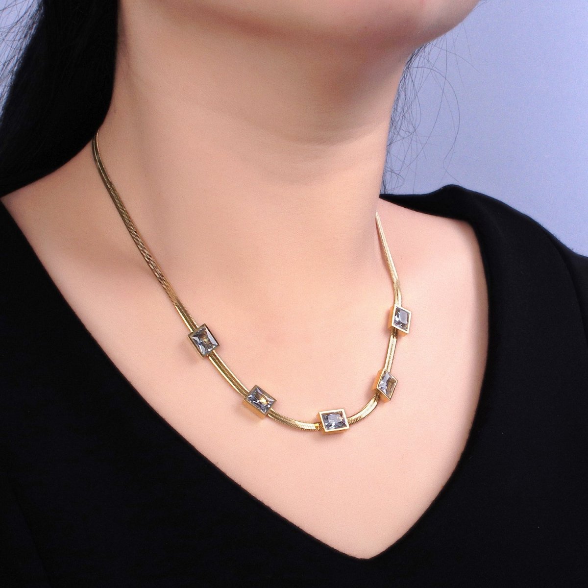 Stainless Steel Clear Baguette CZ 3mm Snake Herringbone 16.5 Inch Geometric Necklace | WA-1636 Clearance Pricing - DLUXCA