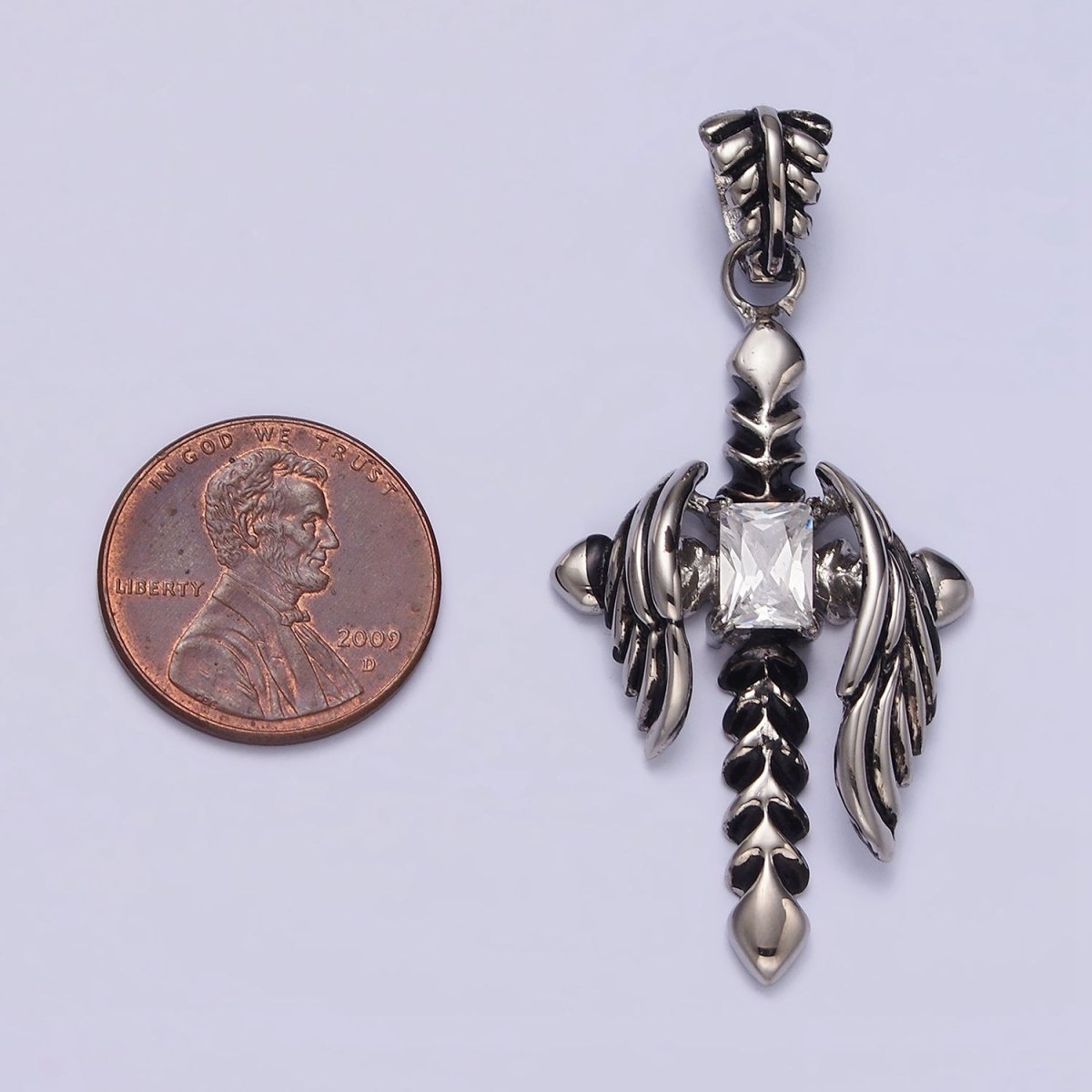 Stainless Steel Clear CZ Baguette Arrow Passion Cross Feather Wings Pendant | P-812 - DLUXCA