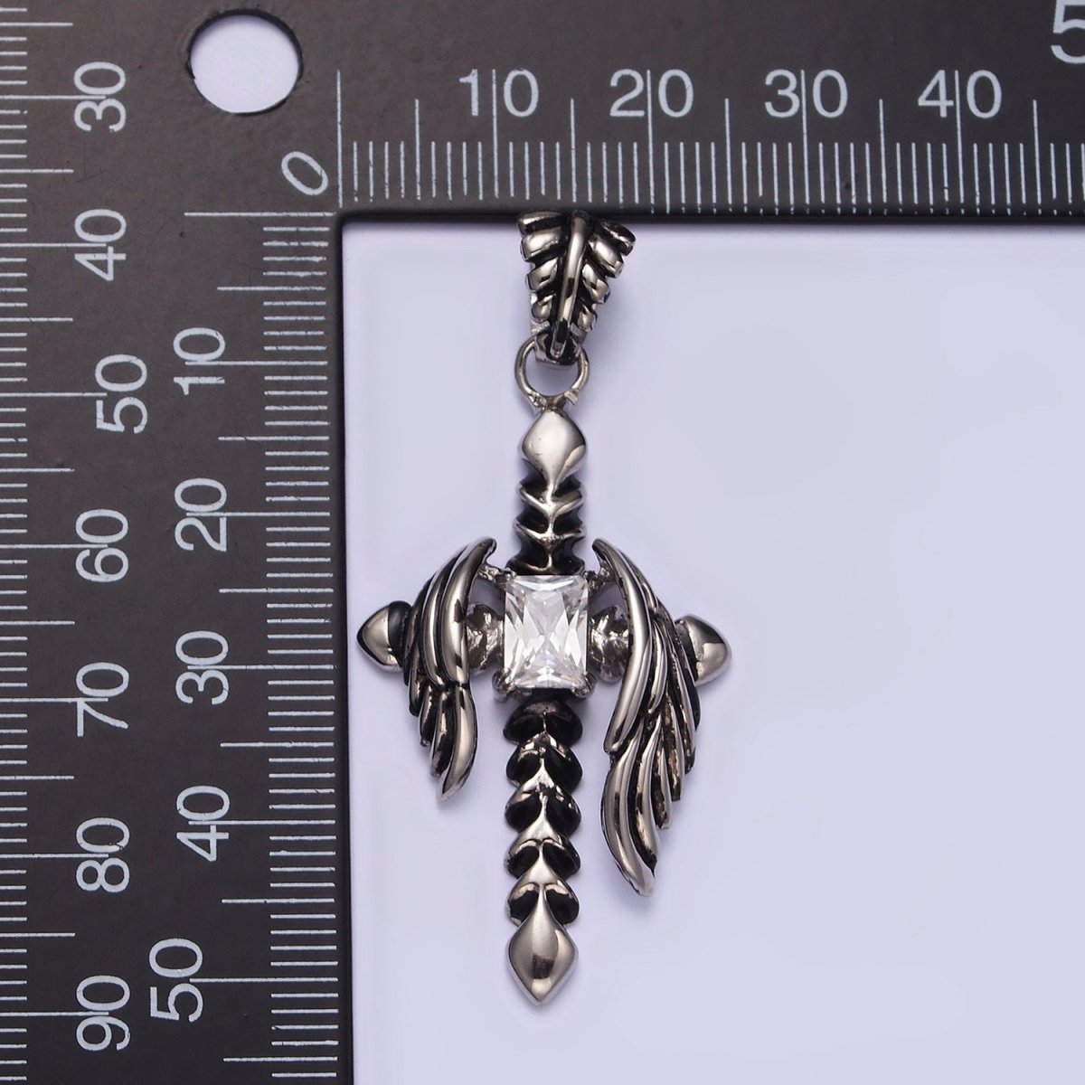 Stainless Steel Clear CZ Baguette Arrow Passion Cross Feather Wings Pendant | P-812 - DLUXCA