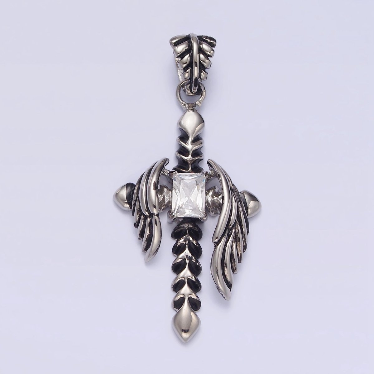 Stainless Steel Clear CZ Baguette Arrow Passion Cross Feather Wings Pendant | P-812 - DLUXCA