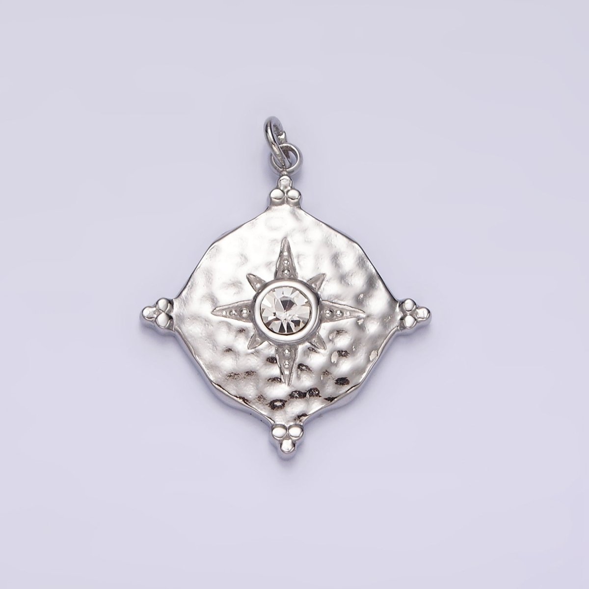 Stainless Steel Clear CZ Celestial North Star Hammered Round Point Charm in Gold & Silver | P1294 P1295 - DLUXCA