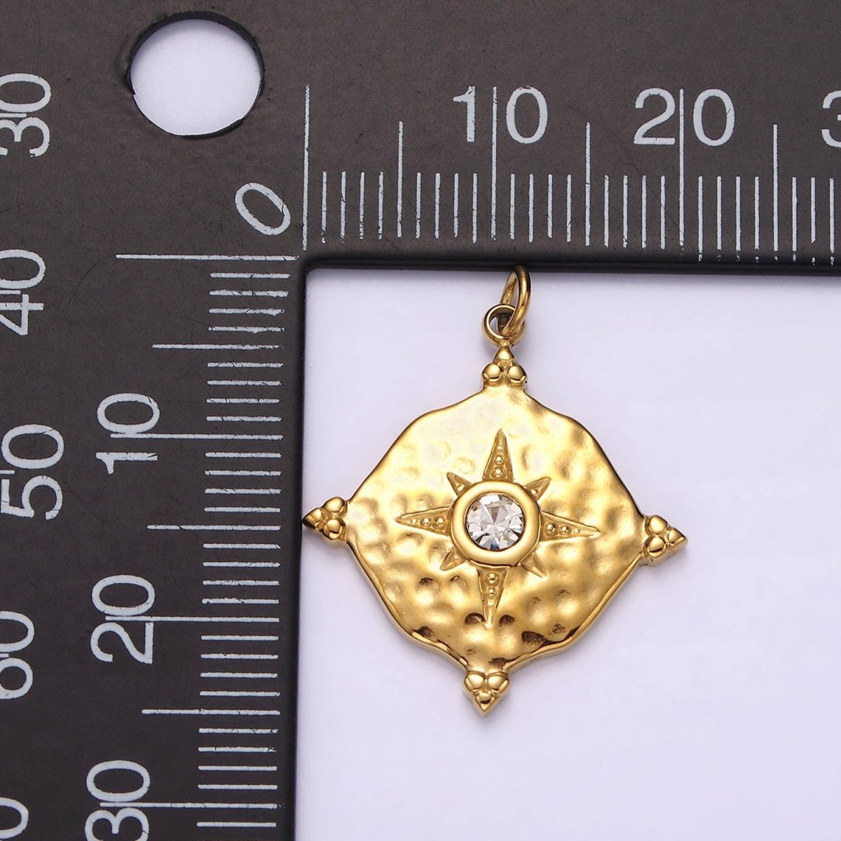 Stainless Steel Clear CZ Celestial North Star Hammered Round Point Charm in Gold & Silver | P1294 P1295 - DLUXCA