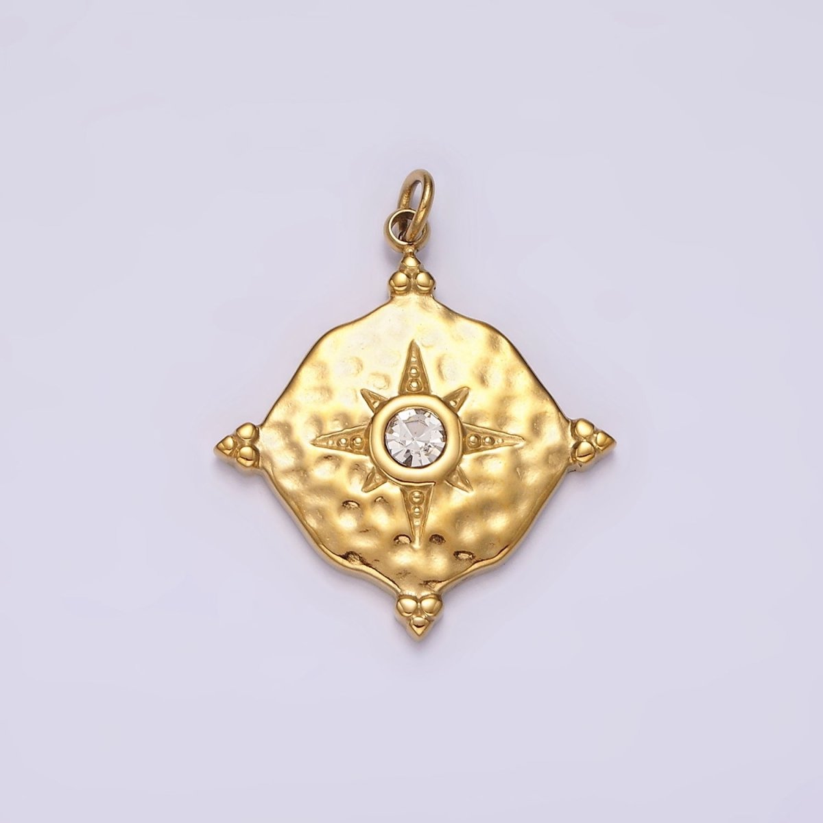 Stainless Steel Clear CZ Celestial North Star Hammered Round Point Charm in Gold & Silver | P1294 P1295 - DLUXCA