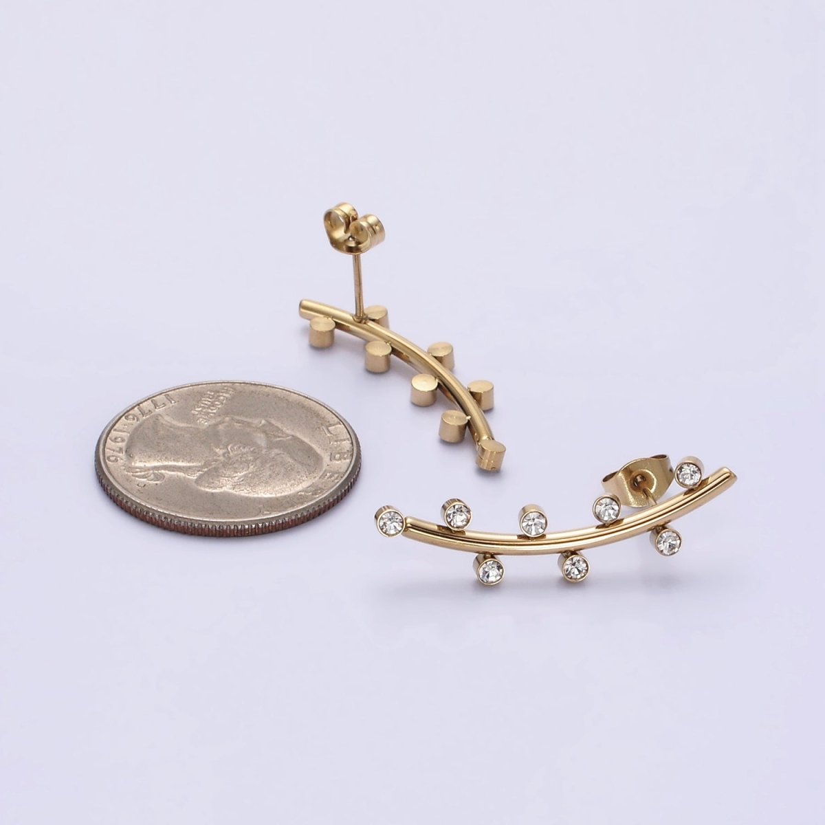 Stainless Steel Clear CZ Dotted Curved Band Stud Earrings in Gold & Silver | AE869 AE870 - DLUXCA