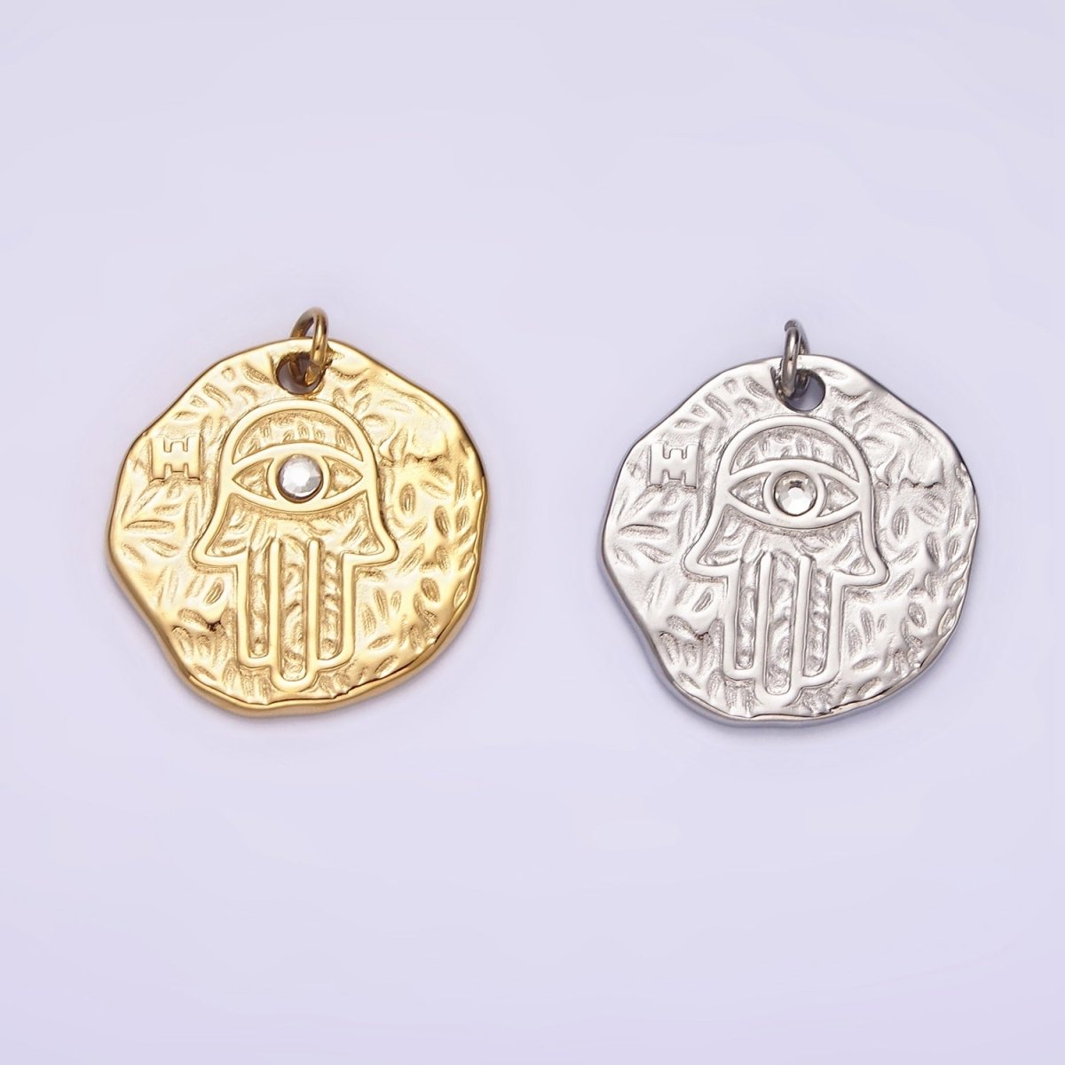 Stainless Steel Clear CZ Evil Eye Hamsa Hand Dented Abstract Round Charm in Gold & Silver | P1288 P1289 - DLUXCA
