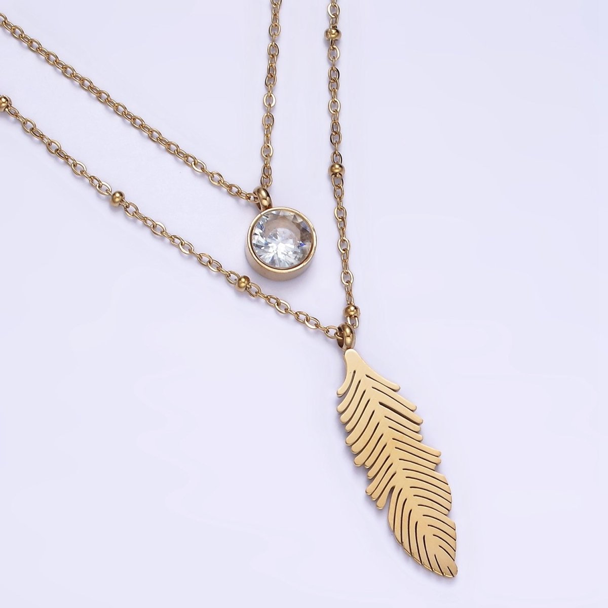 Stainless Steel Clear CZ Feather Cable Satellite Double Layer Chain Stack Necklace | WA-2086 Clearance Pricing - DLUXCA