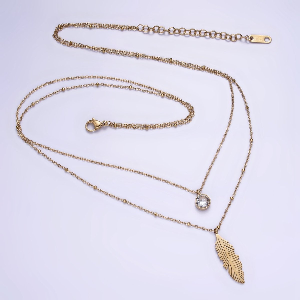 Stainless Steel Clear CZ Feather Cable Satellite Double Layer Chain Stack Necklace | WA-2086 Clearance Pricing - DLUXCA