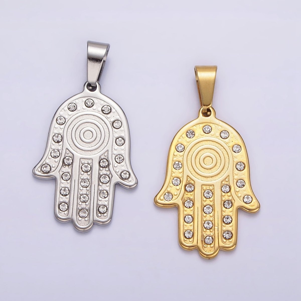 Stainless Steel Clear CZ Lined Hamsa Hand Pendant in Gold & Silver | P-728 P-729 - DLUXCA