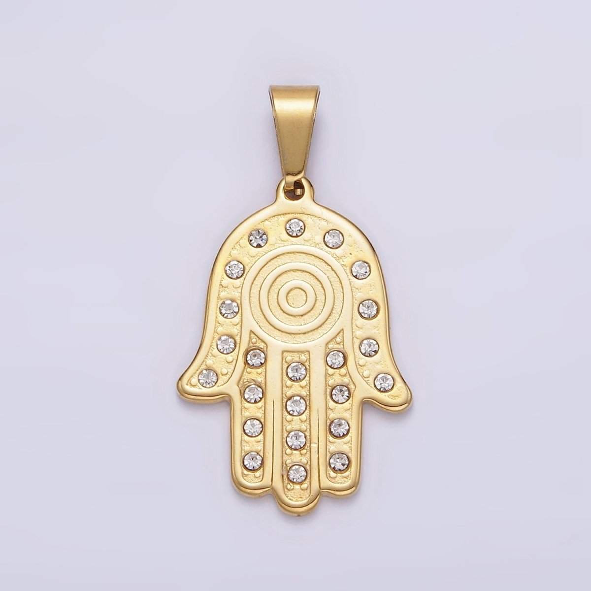 Stainless Steel Clear CZ Lined Hamsa Hand Pendant in Gold & Silver | P-728 P-729 - DLUXCA