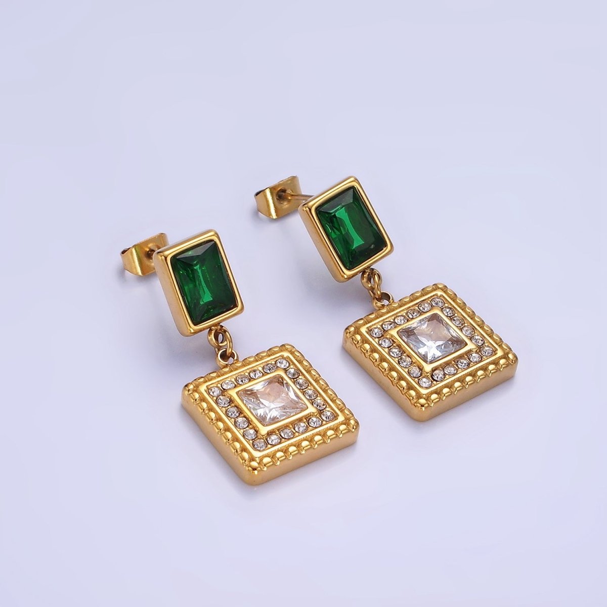 Stainless Steel Clear CZ Micro Paved Dotted Square Green Baguette Drop Stud Earrings | AE455 - DLUXCA