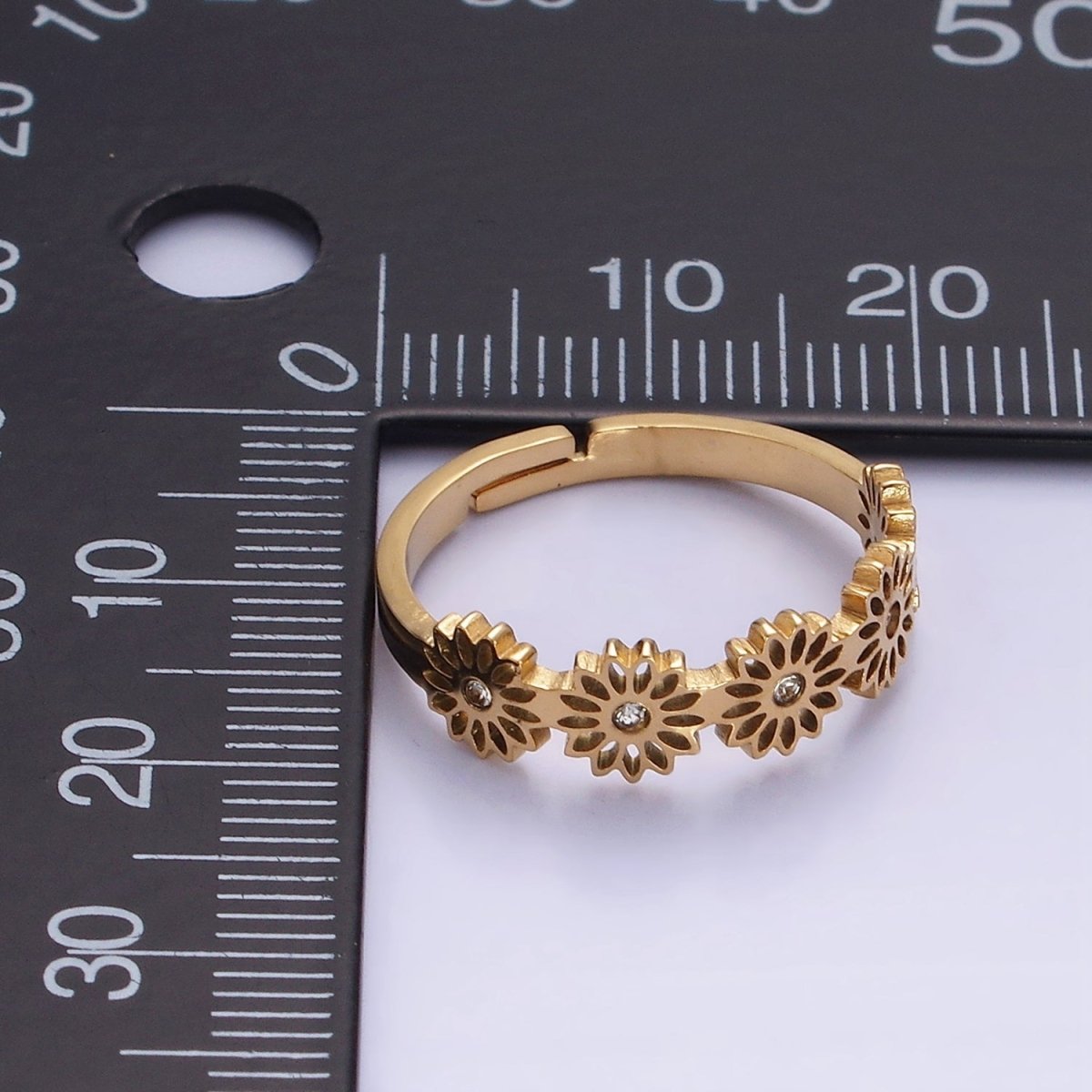 Stainless Steel Clear CZ Open Flower Nature Outlined Adjustable Ring | O1283 - DLUXCA
