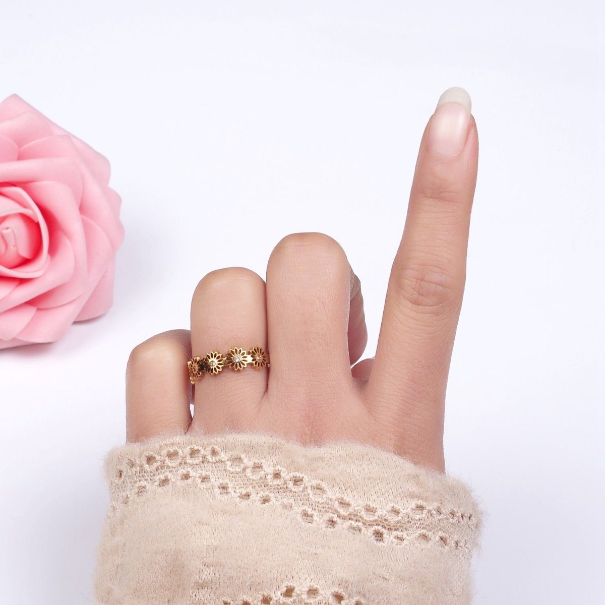 Stainless Steel Clear CZ Open Flower Nature Outlined Adjustable Ring | O1283 - DLUXCA