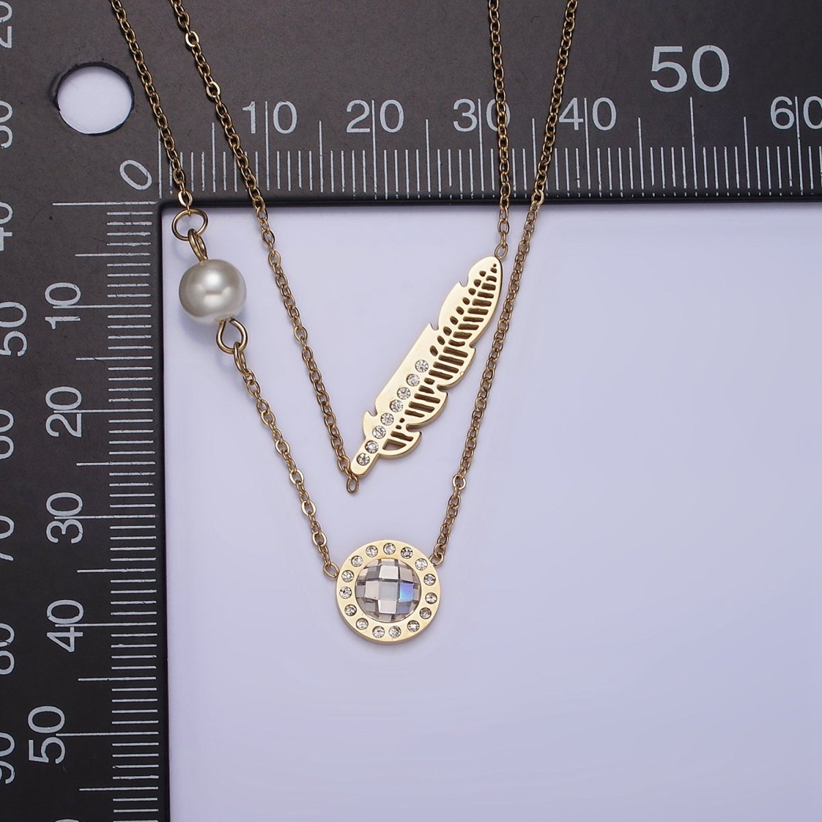 Stainless Steel Clear CZ Round Feather Pearl Cable Double Layer Stack Necklace | WA-2072 Clearance Pricing - DLUXCA