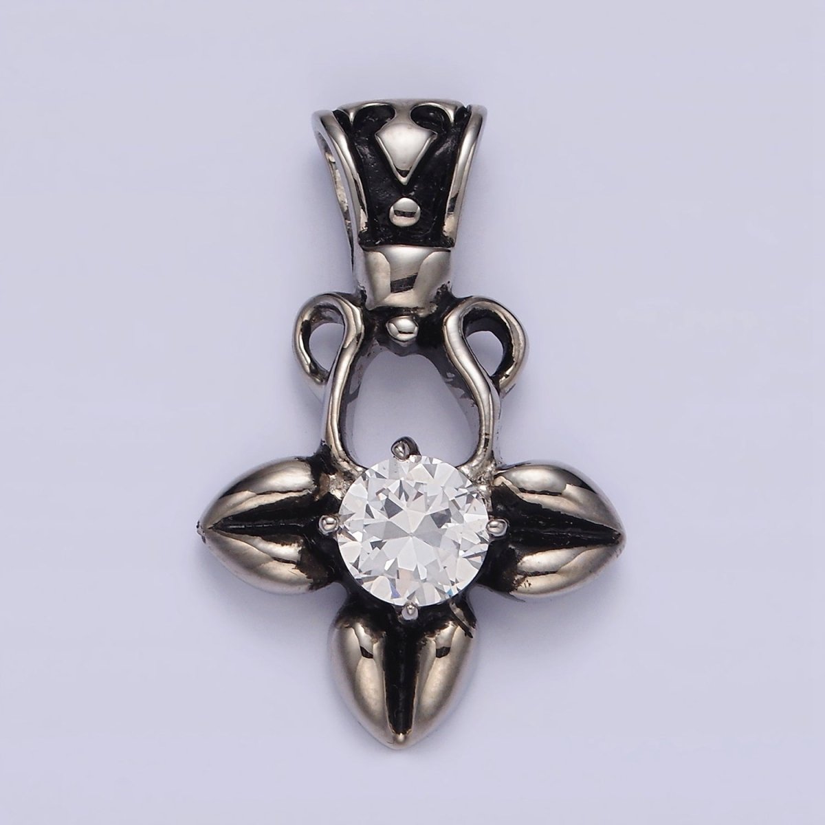 Stainless Steel Clear CZ Round Geometric Flower Petal Open Passion Cross Bail Pendant | P-810 - DLUXCA