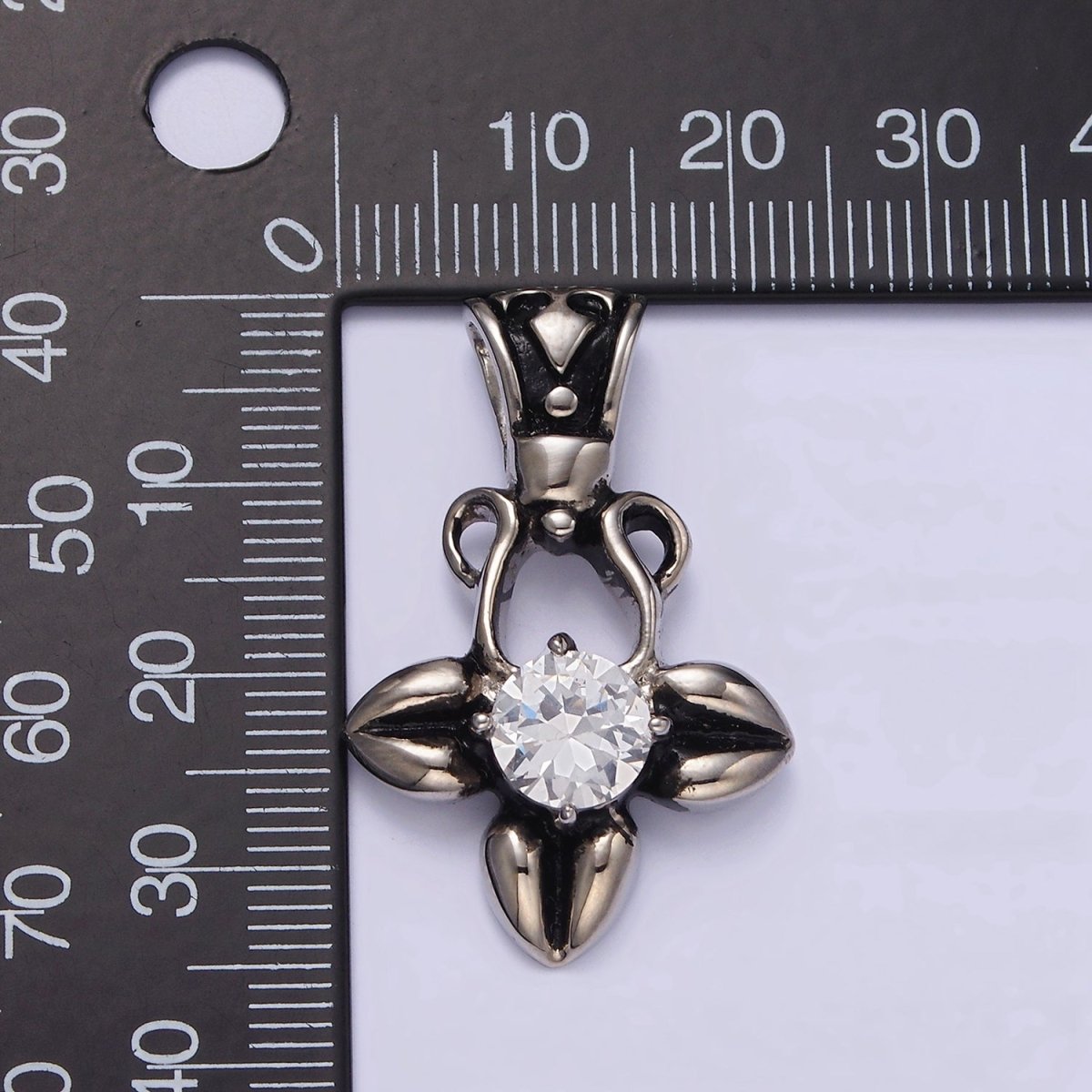 Stainless Steel Clear CZ Round Geometric Flower Petal Open Passion Cross Bail Pendant | P-810 - DLUXCA