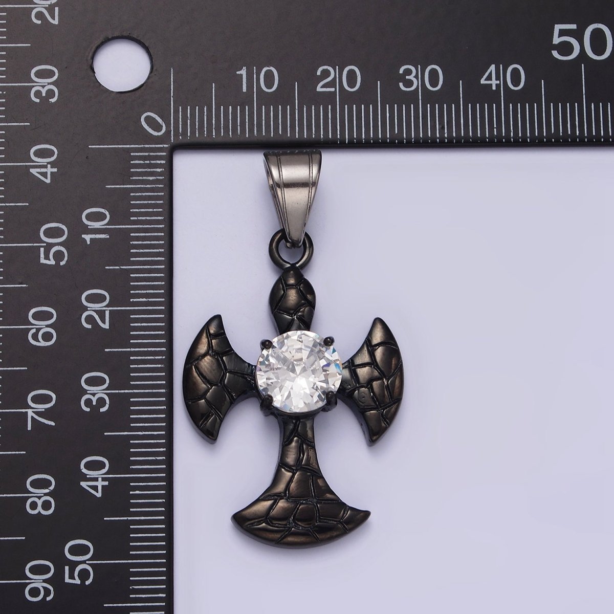 Stainless Steel Clear CZ Round Scaled Religious Pattee Cross Black Pendant | P-807 - DLUXCA