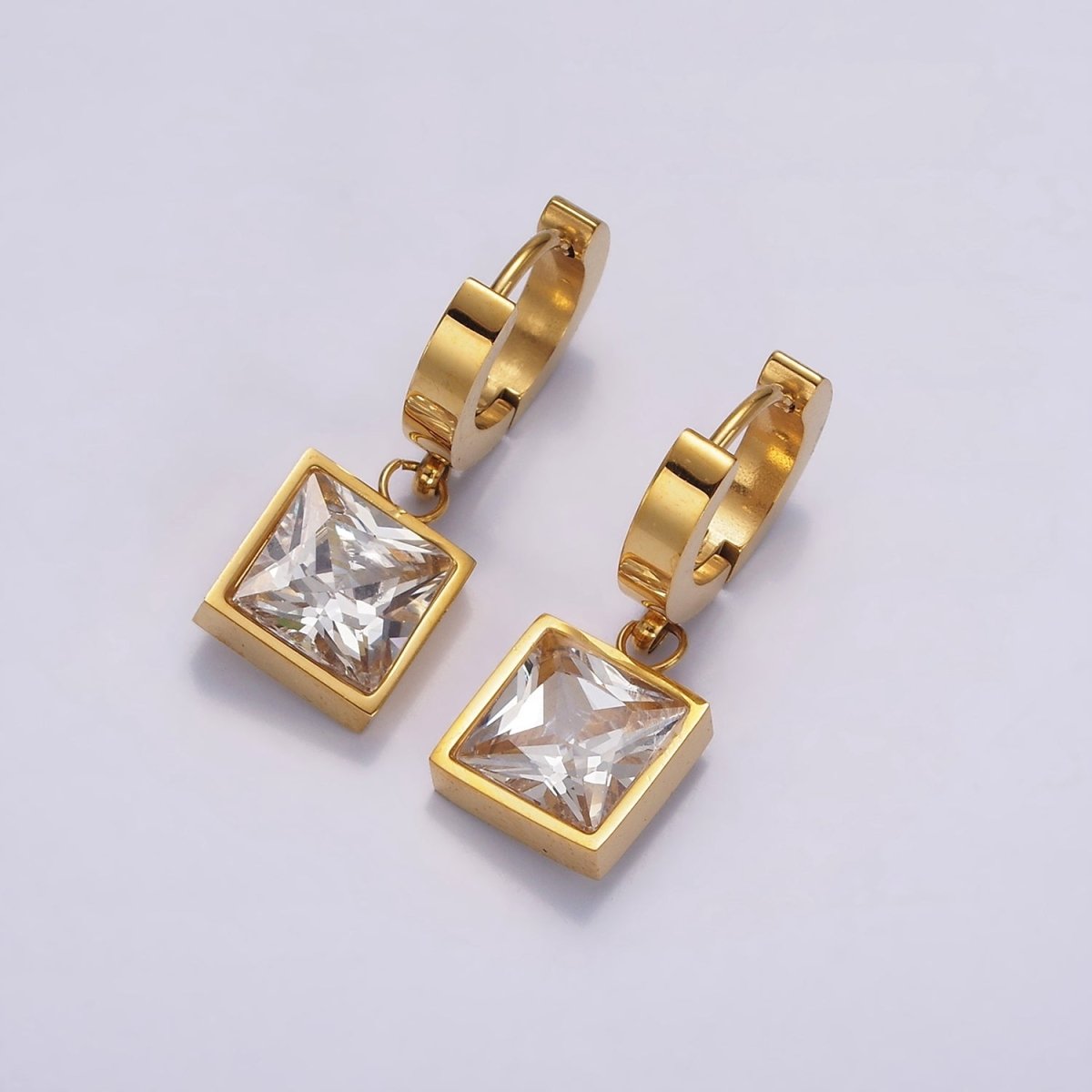 Stainless Steel Clear CZ Square Drop Huggie Earrings in Gold & Silver | AE397 AE398 - DLUXCA