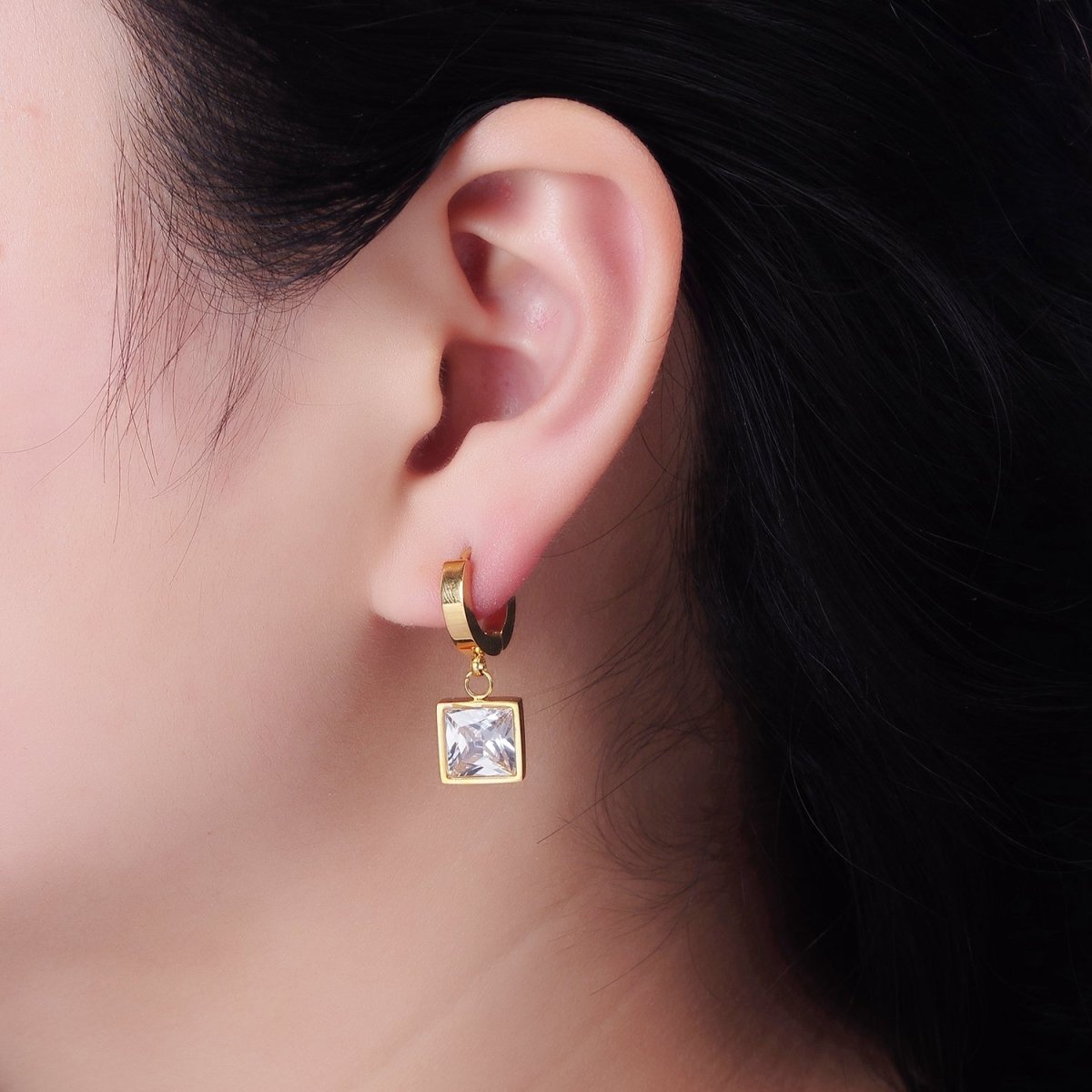 Stainless Steel Clear CZ Square Drop Huggie Earrings in Gold & Silver | AE397 AE398 - DLUXCA