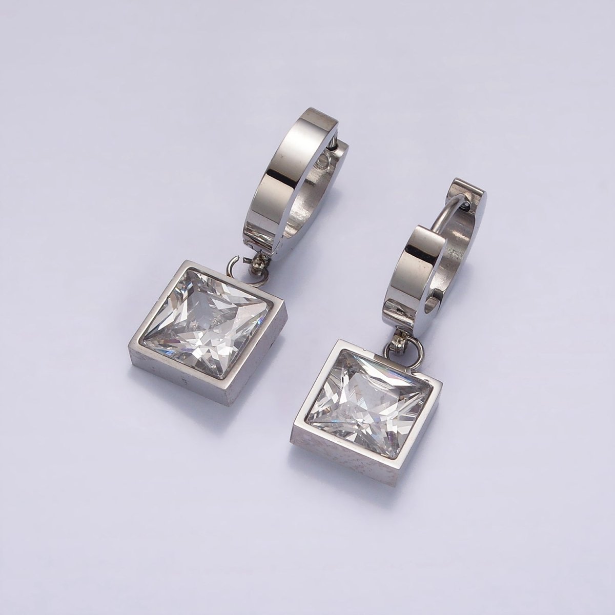 Stainless Steel Clear CZ Square Drop Huggie Earrings in Gold & Silver | AE397 AE398 - DLUXCA