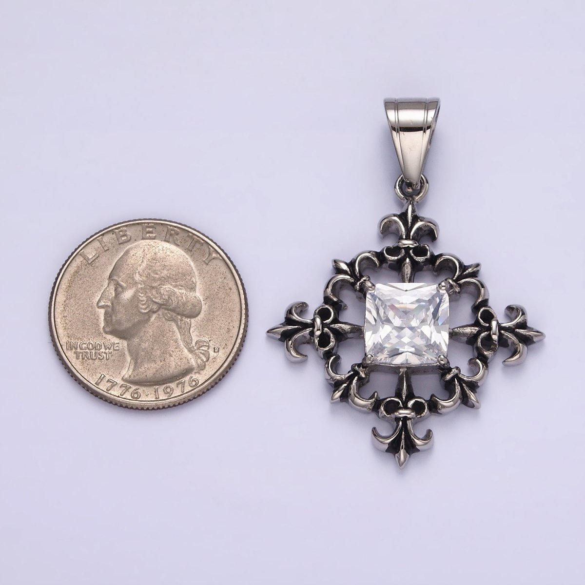 Stainless Steel Clear CZ Square Multiple Fleur De Lis Open Round Compass Pendant | P-829 - DLUXCA