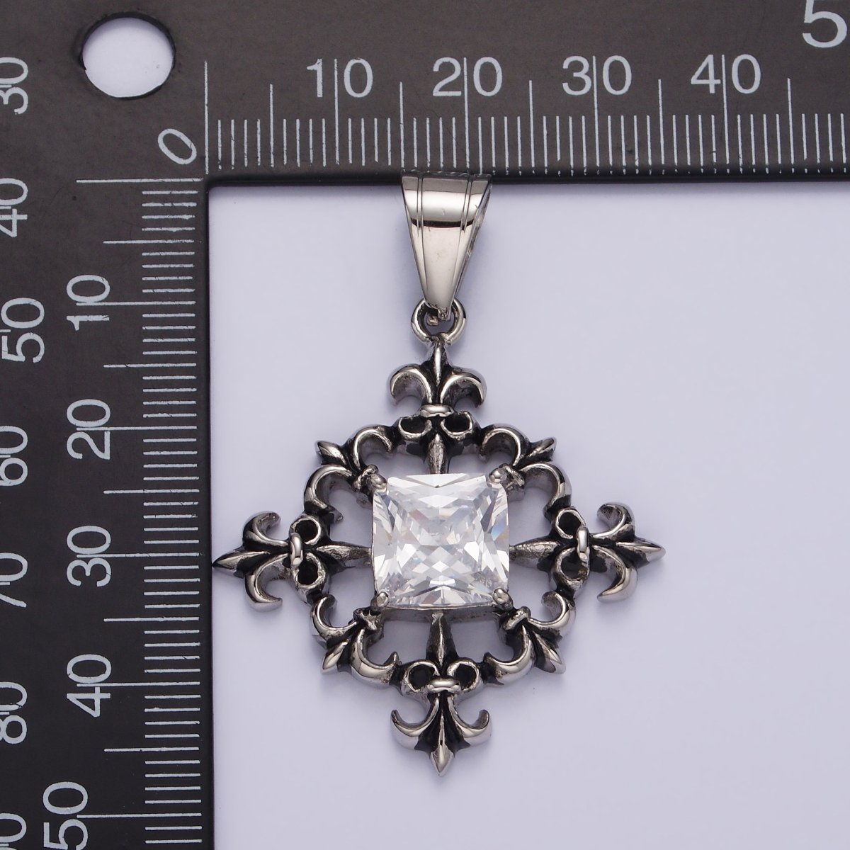 Stainless Steel Clear CZ Square Multiple Fleur De Lis Open Round Compass Pendant | P-829 - DLUXCA