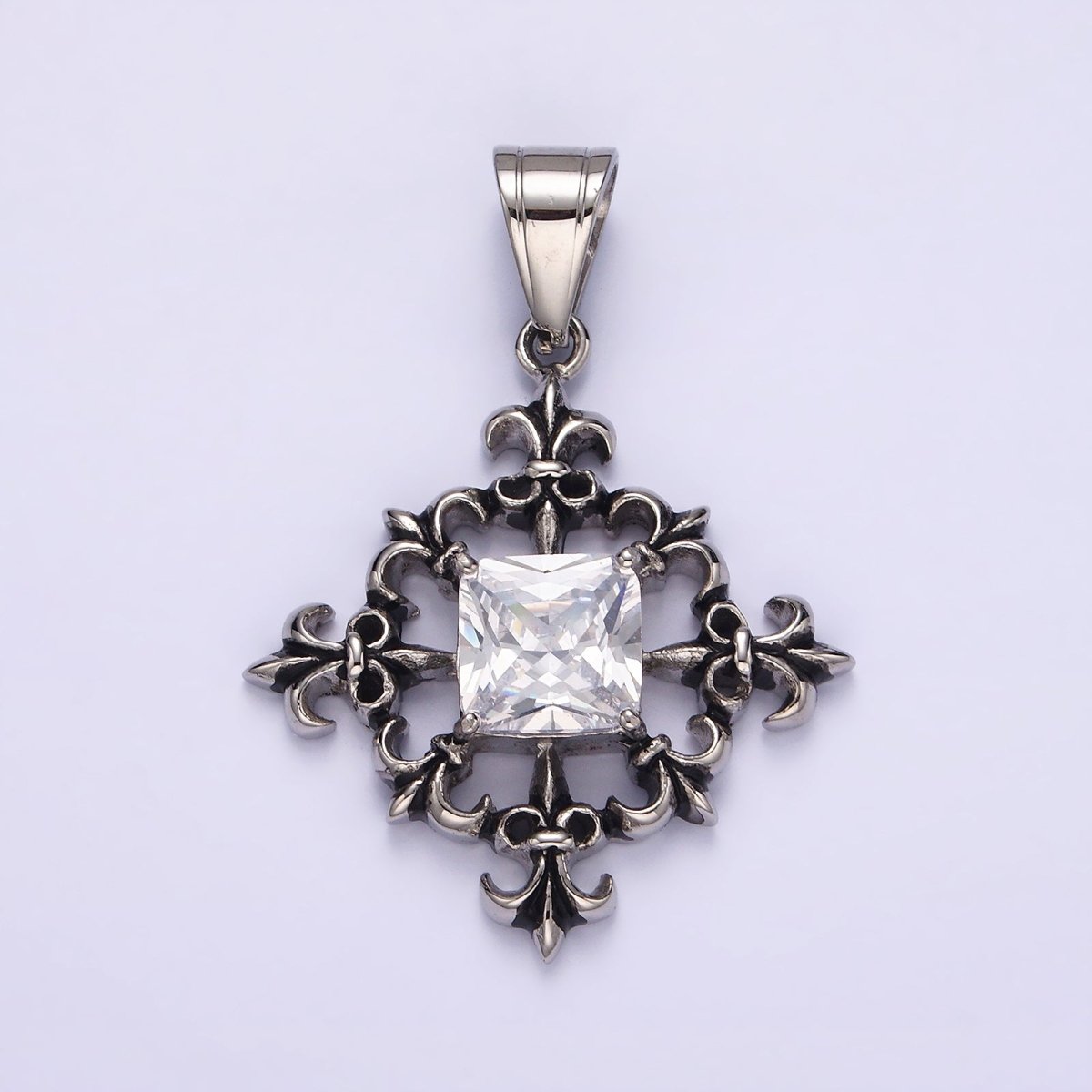 Stainless Steel Clear CZ Square Multiple Fleur De Lis Open Round Compass Pendant | P-829 - DLUXCA