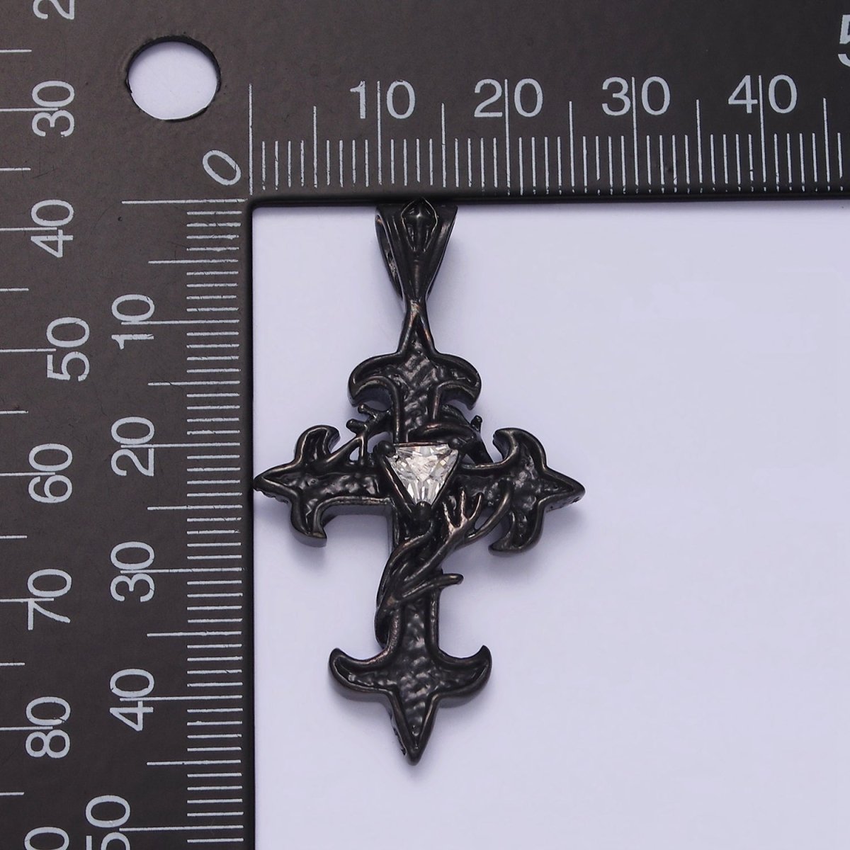 Stainless Steel Clear CZ Triangle Vine Wrapped Sharp Fleury Cross Black Pendant | P-809 - DLUXCA