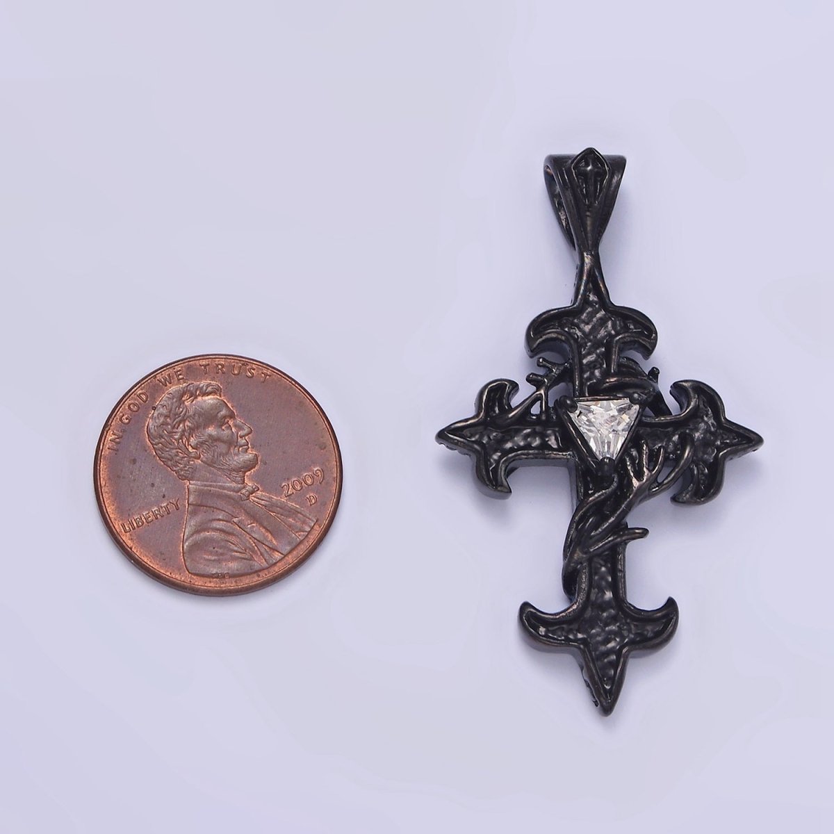 Stainless Steel Clear CZ Triangle Vine Wrapped Sharp Fleury Cross Black Pendant | P-809 - DLUXCA