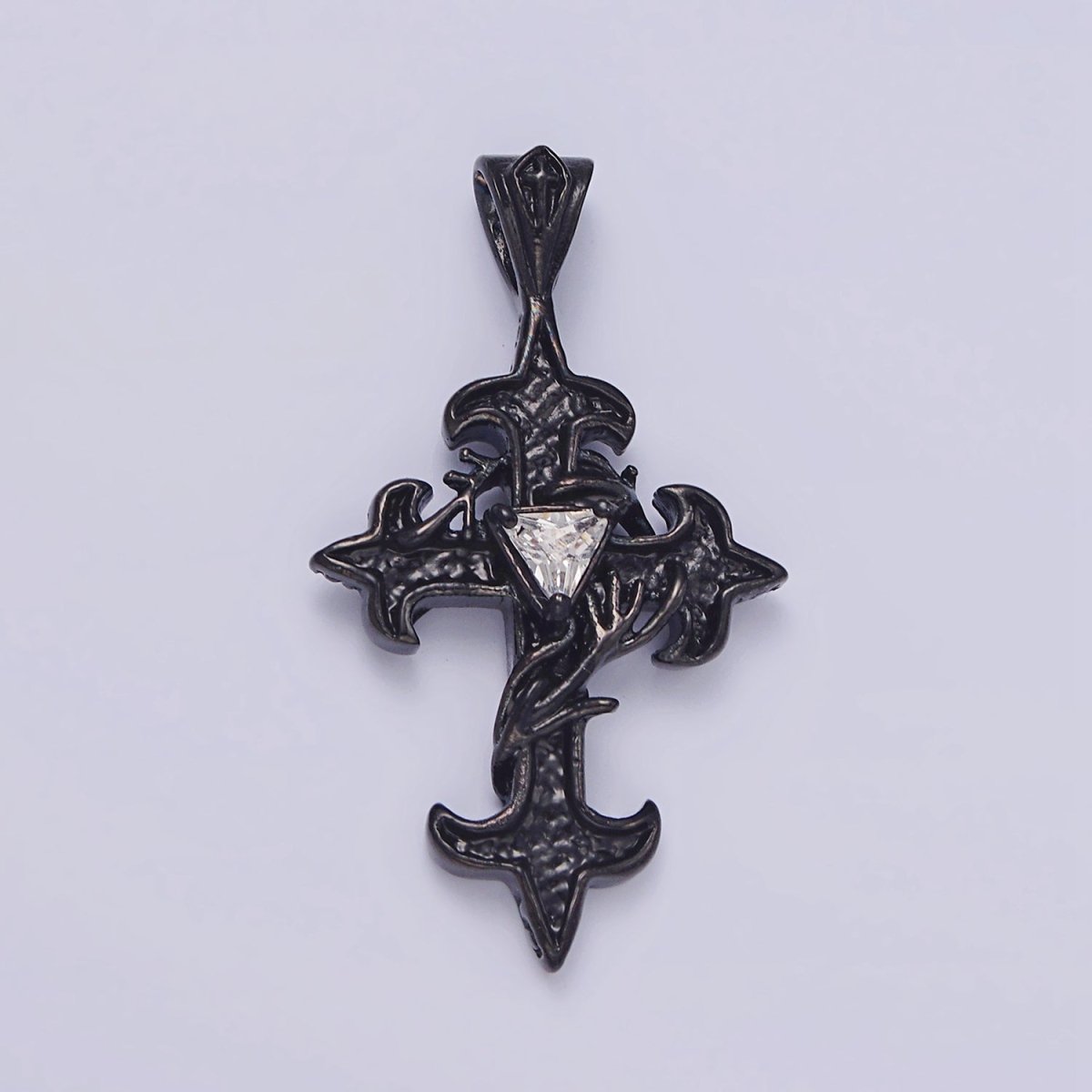 Stainless Steel Clear CZ Triangle Vine Wrapped Sharp Fleury Cross Black Pendant | P-809 - DLUXCA