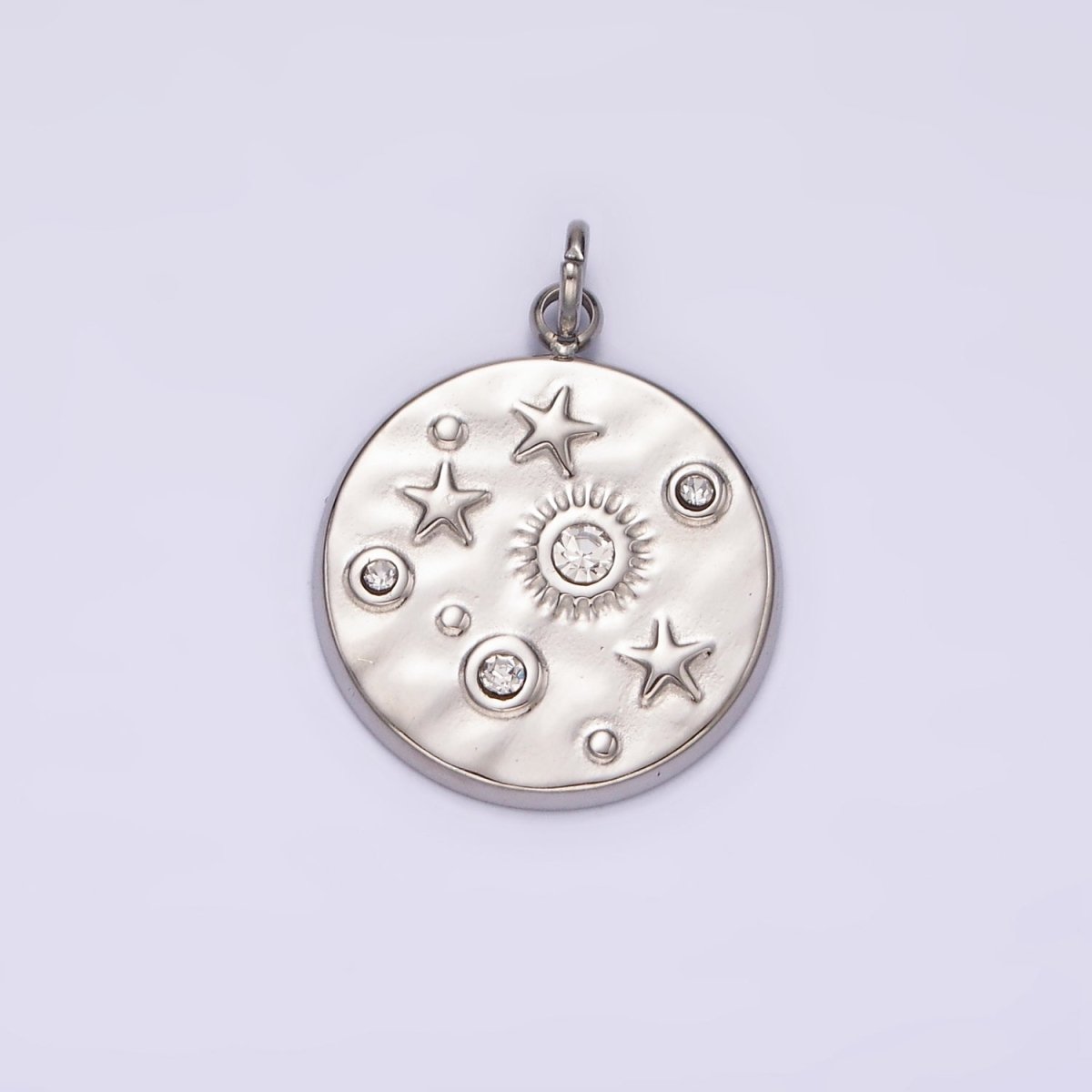 Stainless Steel Clear, Green CZ Celestial Sun Star Hammered Round Charm in Gold & Silver | P674 - P677 - DLUXCA