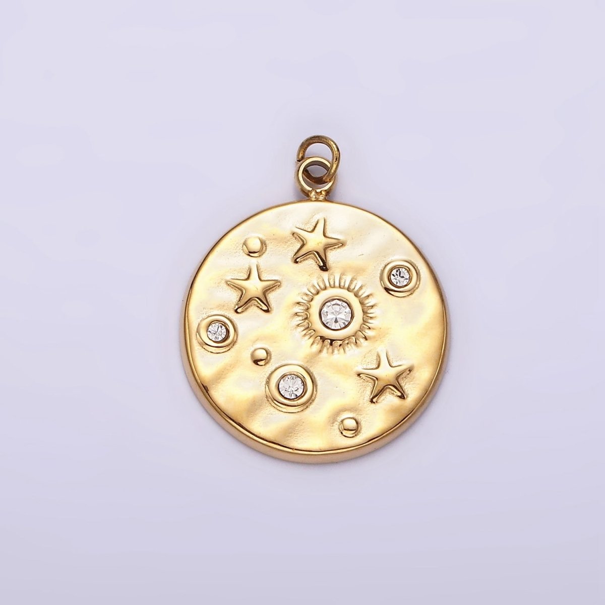 Stainless Steel Clear, Green CZ Celestial Sun Star Hammered Round Charm in Gold & Silver | P674 - P677 - DLUXCA