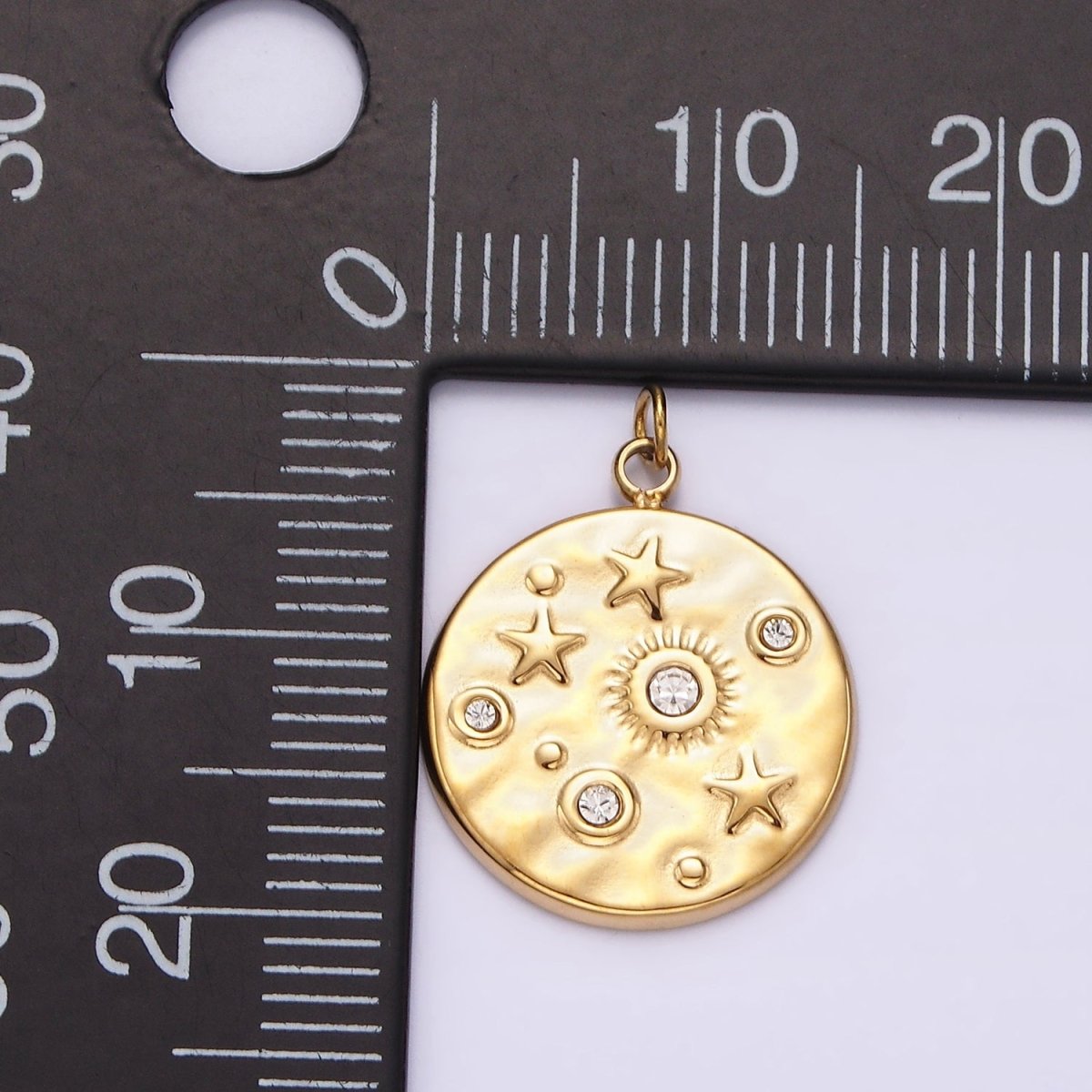 Stainless Steel Clear, Green CZ Celestial Sun Star Hammered Round Charm in Gold & Silver | P674 - P677 - DLUXCA