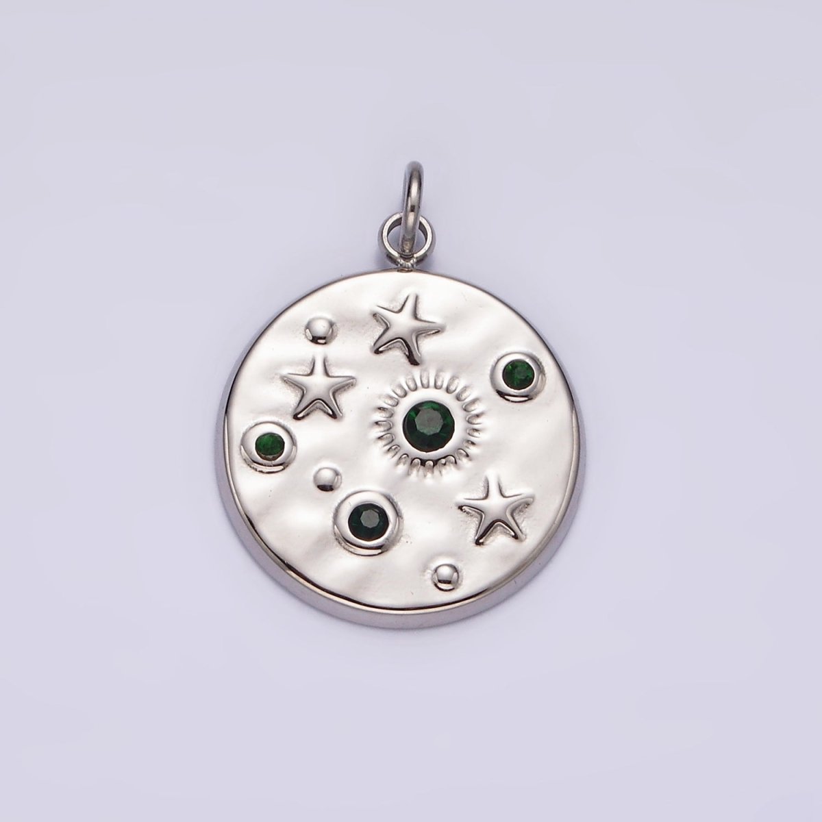 Stainless Steel Clear, Green CZ Celestial Sun Star Hammered Round Charm in Gold & Silver | P674 - P677 - DLUXCA