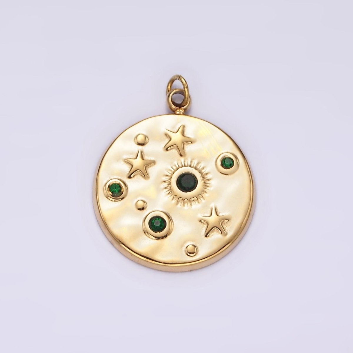 Stainless Steel Clear, Green CZ Celestial Sun Star Hammered Round Charm in Gold & Silver | P674 - P677 - DLUXCA