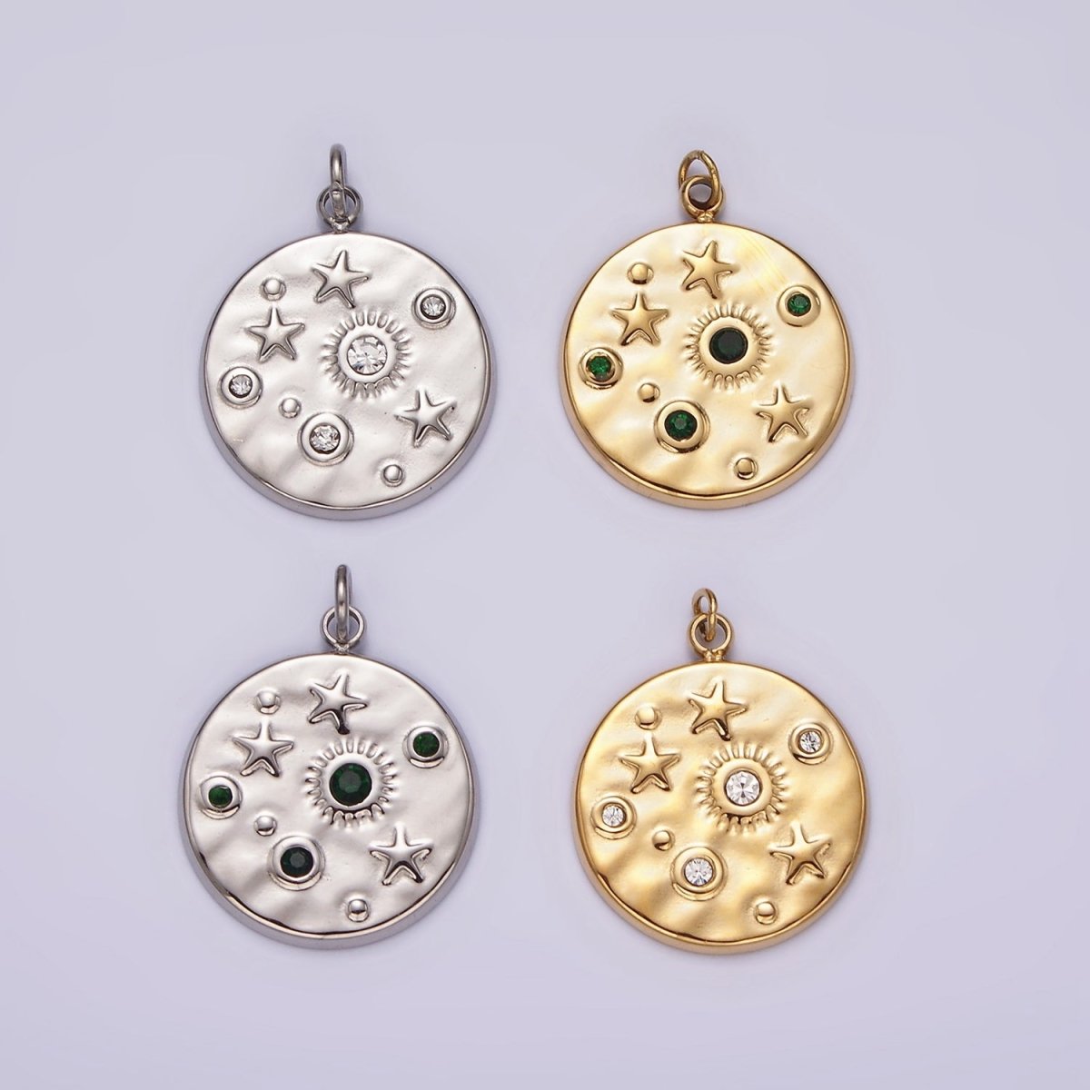 Stainless Steel Clear, Green CZ Celestial Sun Star Hammered Round Charm in Gold & Silver | P674 - P677 - DLUXCA