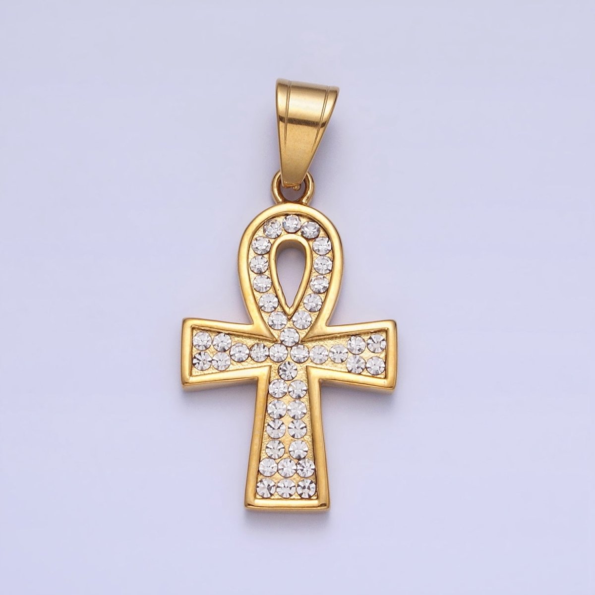 Stainless Steel Clear Micro Paved CZ Egyptian Ankh Key Cross Gold Pendant J-796 - DLUXCA