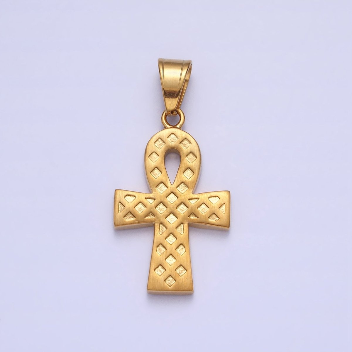 Stainless Steel Clear Micro Paved CZ Egyptian Ankh Key Cross Gold Pendant J-796 - DLUXCA