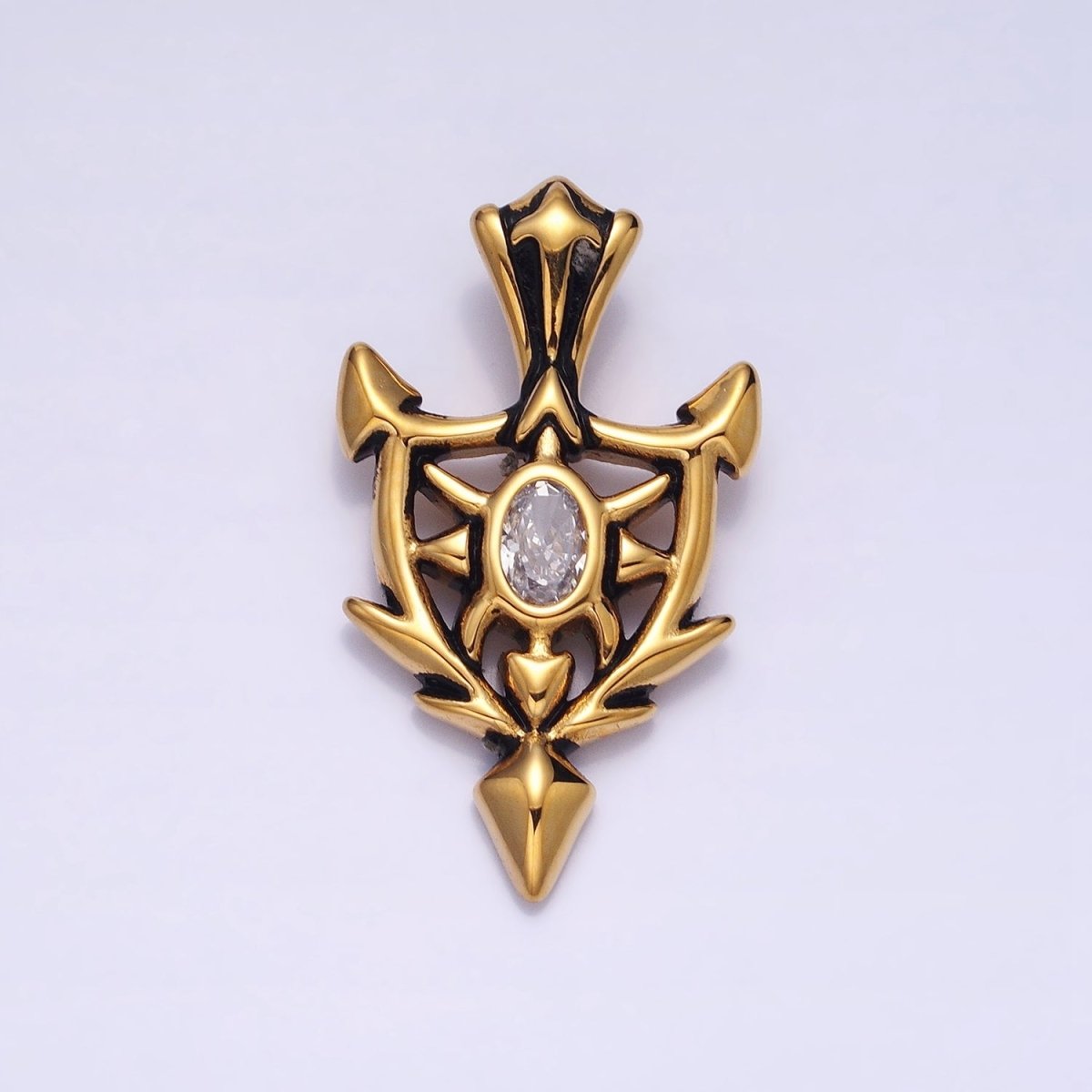 Stainless Steel Clear Oval CZ Sharp Horned Pointed Arrow Crest Shield Pendant in Gold & Silver | P1101 - DLUXCA