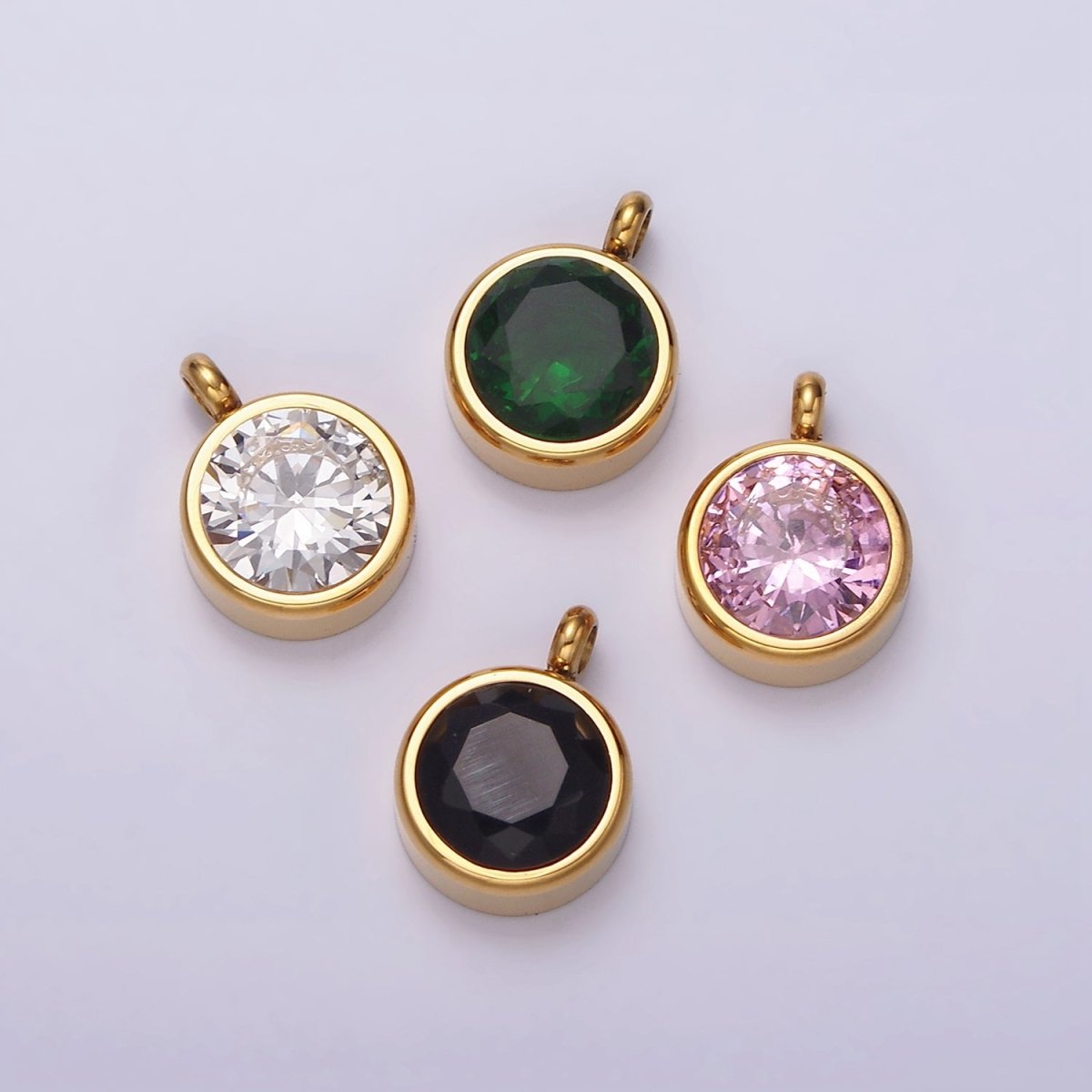 Stainless Steel Clear, Pink, Black, Green CZ Round Bezel Minimalist Charm | P-641 ~ P-644 - DLUXCA