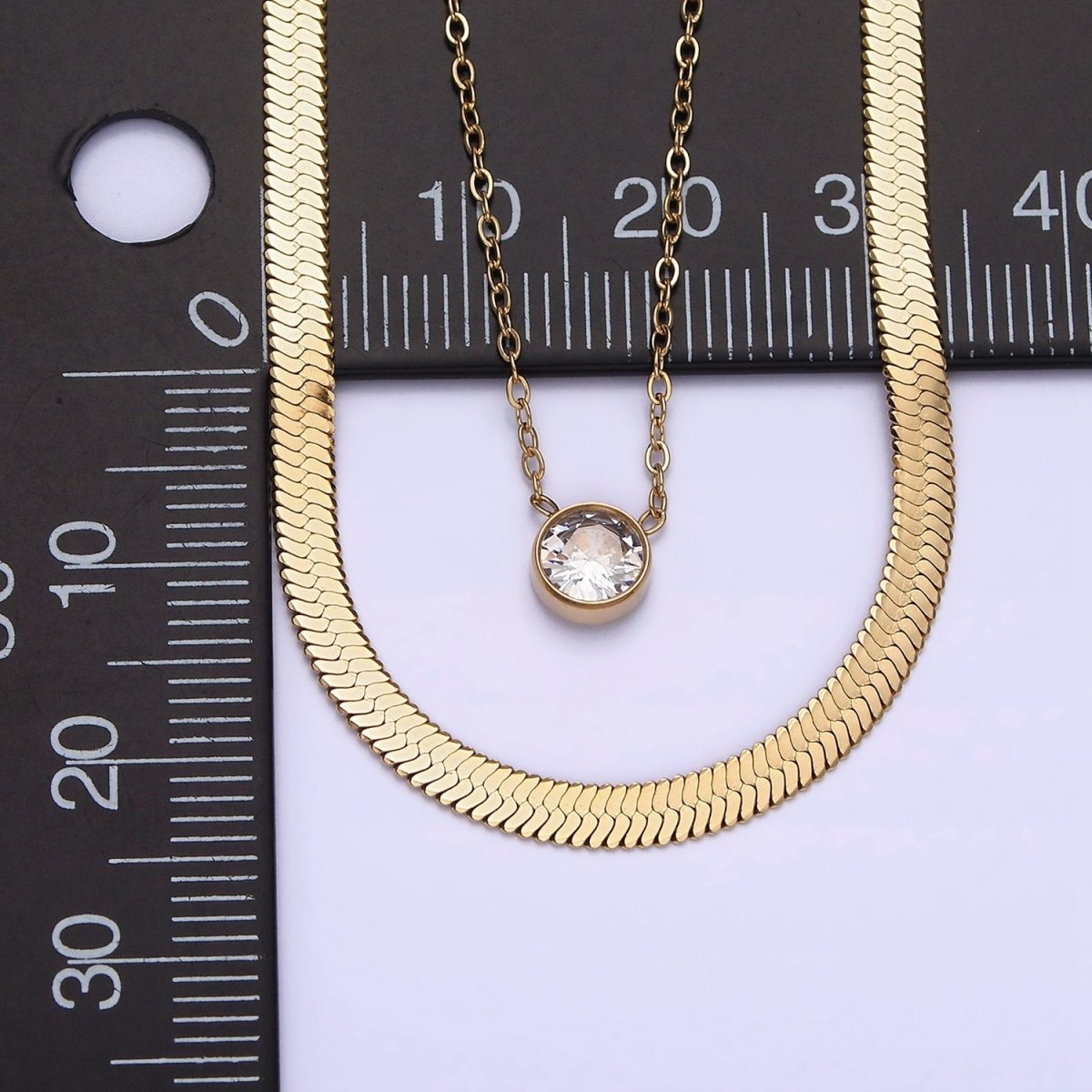Stainless Steel Clear Round CZ 3mm Herringbone 1mm Cable Double Layer Chain Stack Necklace | WA-2037 Clearance Pricing - DLUXCA
