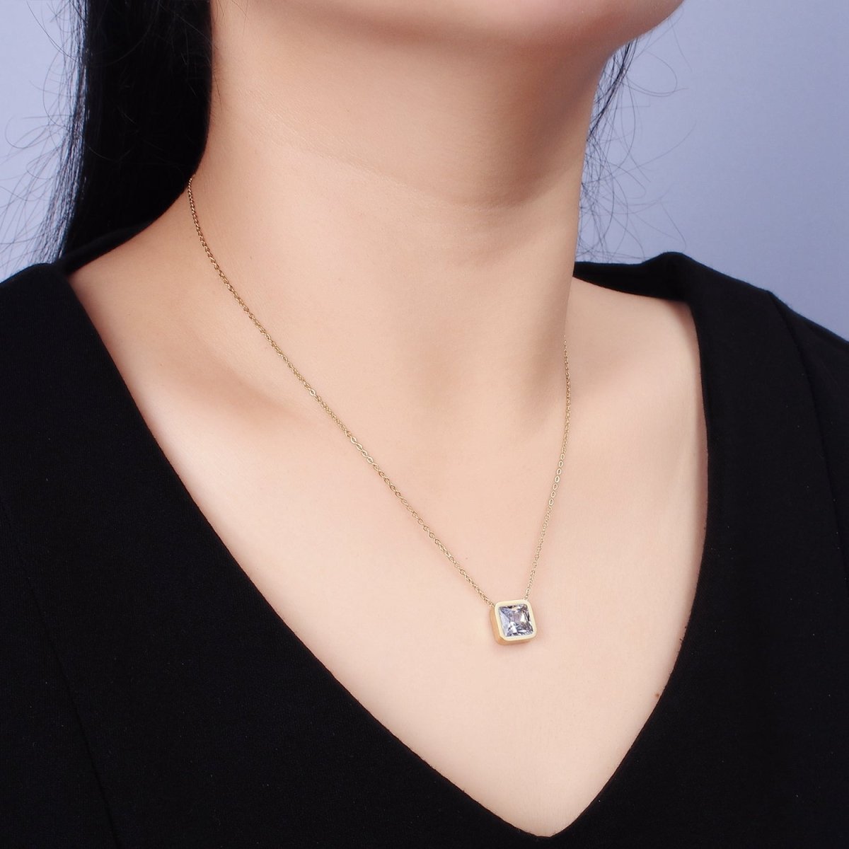 Stainless Steel Clear Square CZ 17 Inch Cable Chain Necklace | WA-2084 Clearance Pricing - DLUXCA