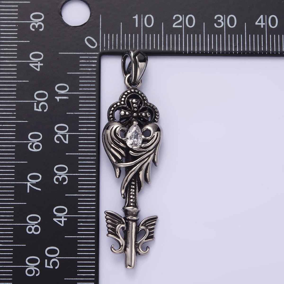 Stainless Steel Clear Teardrop CZ Wings Beaded Pattee Quatrefoil Key Pendant | P-743 - DLUXCA