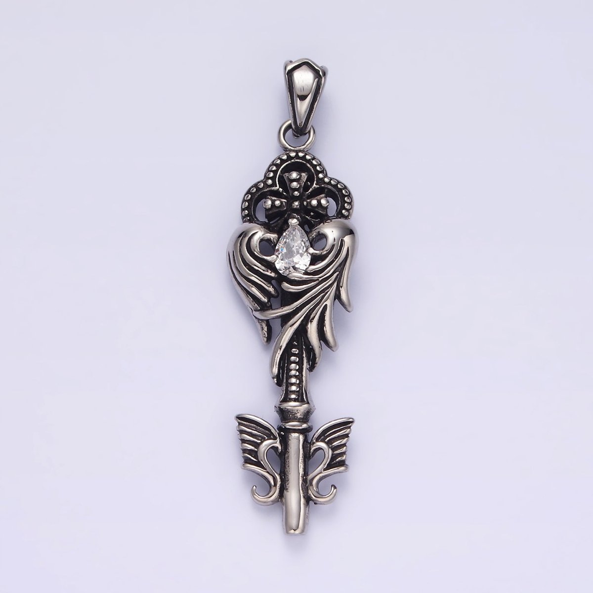 Stainless Steel Clear Teardrop CZ Wings Beaded Pattee Quatrefoil Key Pendant | P-743 - DLUXCA