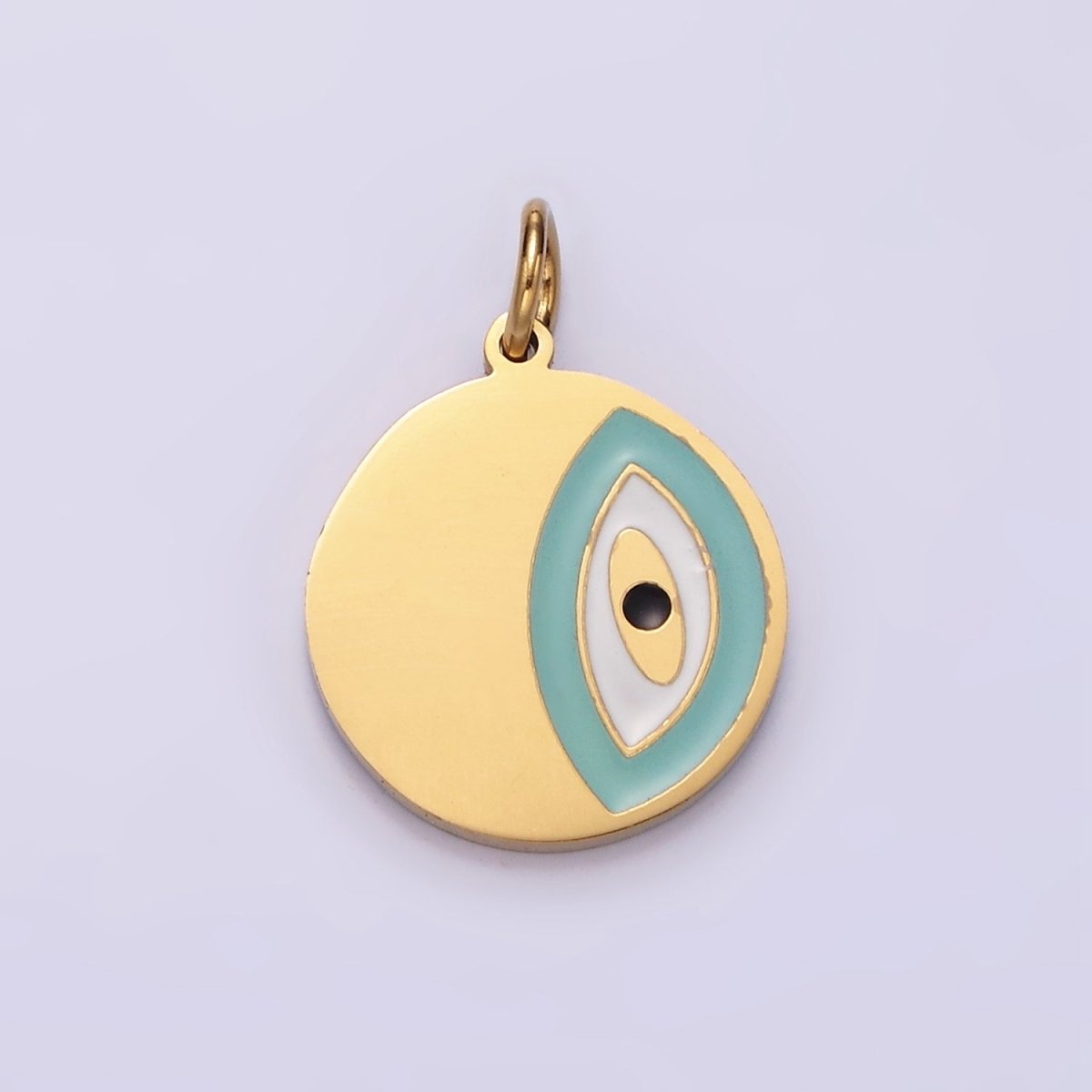 Stainless Steel Coin Charm Evil Eye Pendant Teal Enamel Medallion Charm | P-656 - DLUXCA