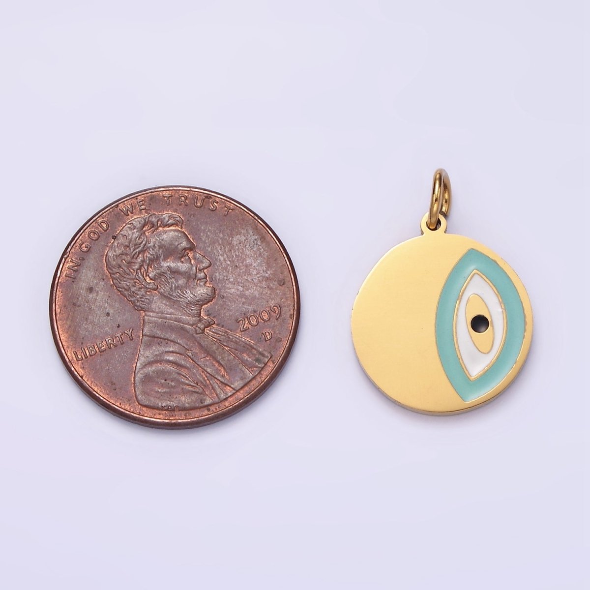 Stainless Steel Coin Charm Evil Eye Pendant Teal Enamel Medallion Charm | P-656 - DLUXCA