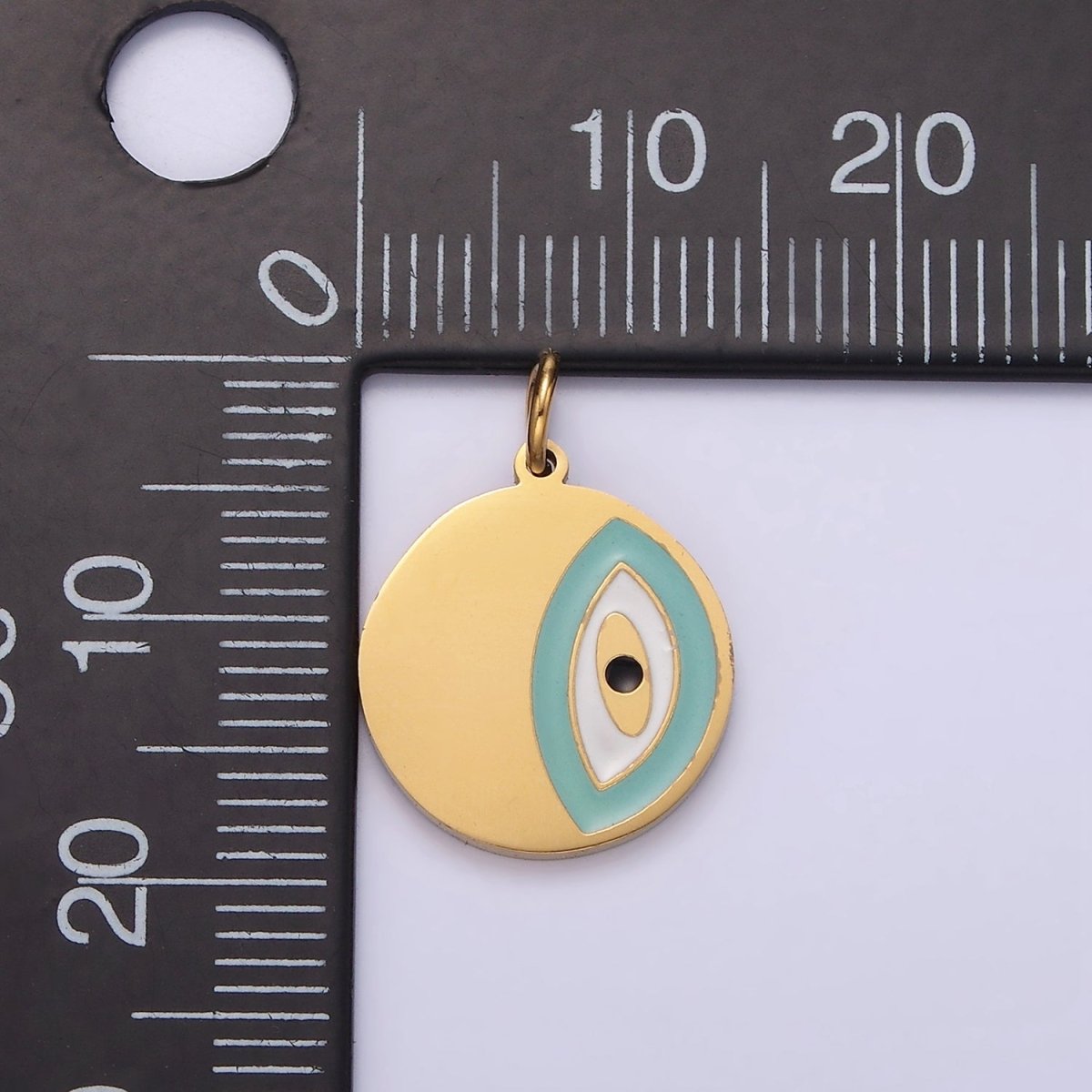 Stainless Steel Coin Charm Evil Eye Pendant Teal Enamel Medallion Charm | P-656 - DLUXCA