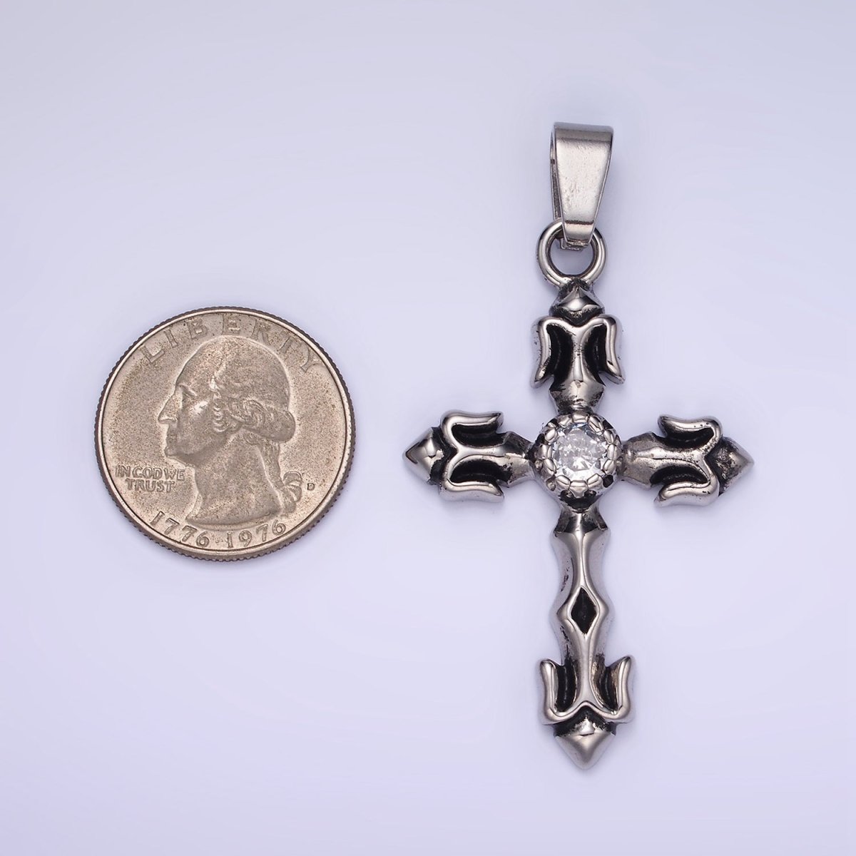 Stainless Steel Cross Pendant Antique Silver Trident Cross Charm P-878 - DLUXCA