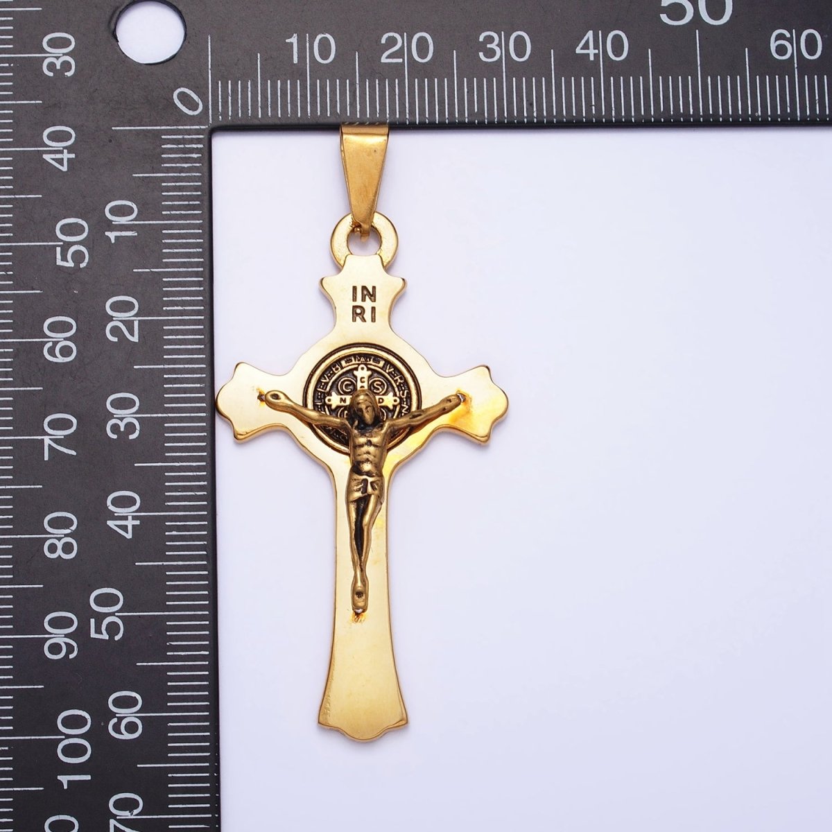Stainless Steel Crucifix Cross SMQLIVB PAX VRSNSMV Saint Benedict Engraved Double Sided Pendant in Gold & Silver | P-1163 - DLUXCA