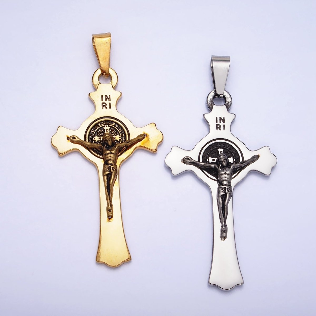 Stainless Steel Crucifix Cross SMQLIVB PAX VRSNSMV Saint Benedict Engraved Double Sided Pendant in Gold & Silver | P-1163 - DLUXCA